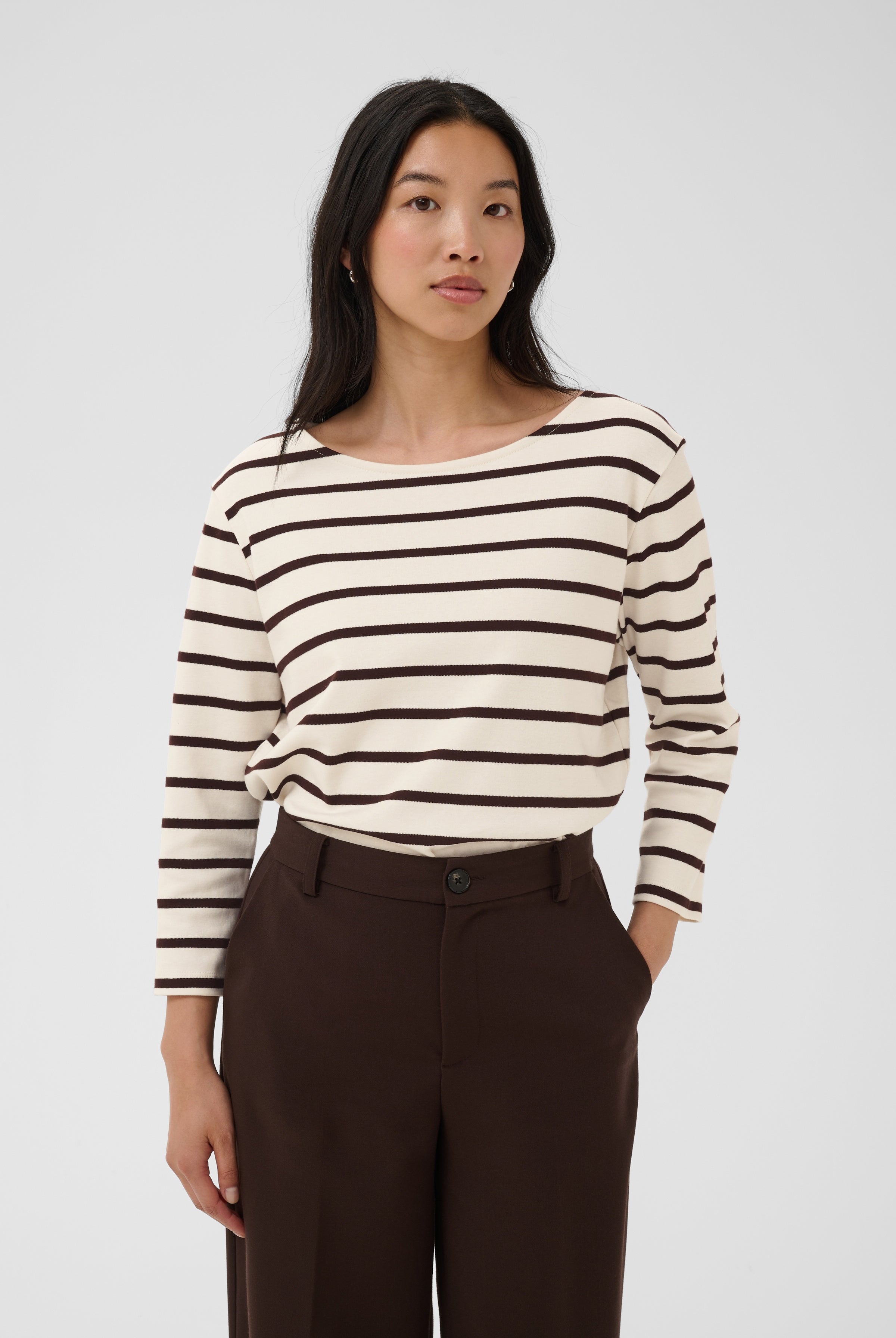 Part Two cream and brown striped casual top detail