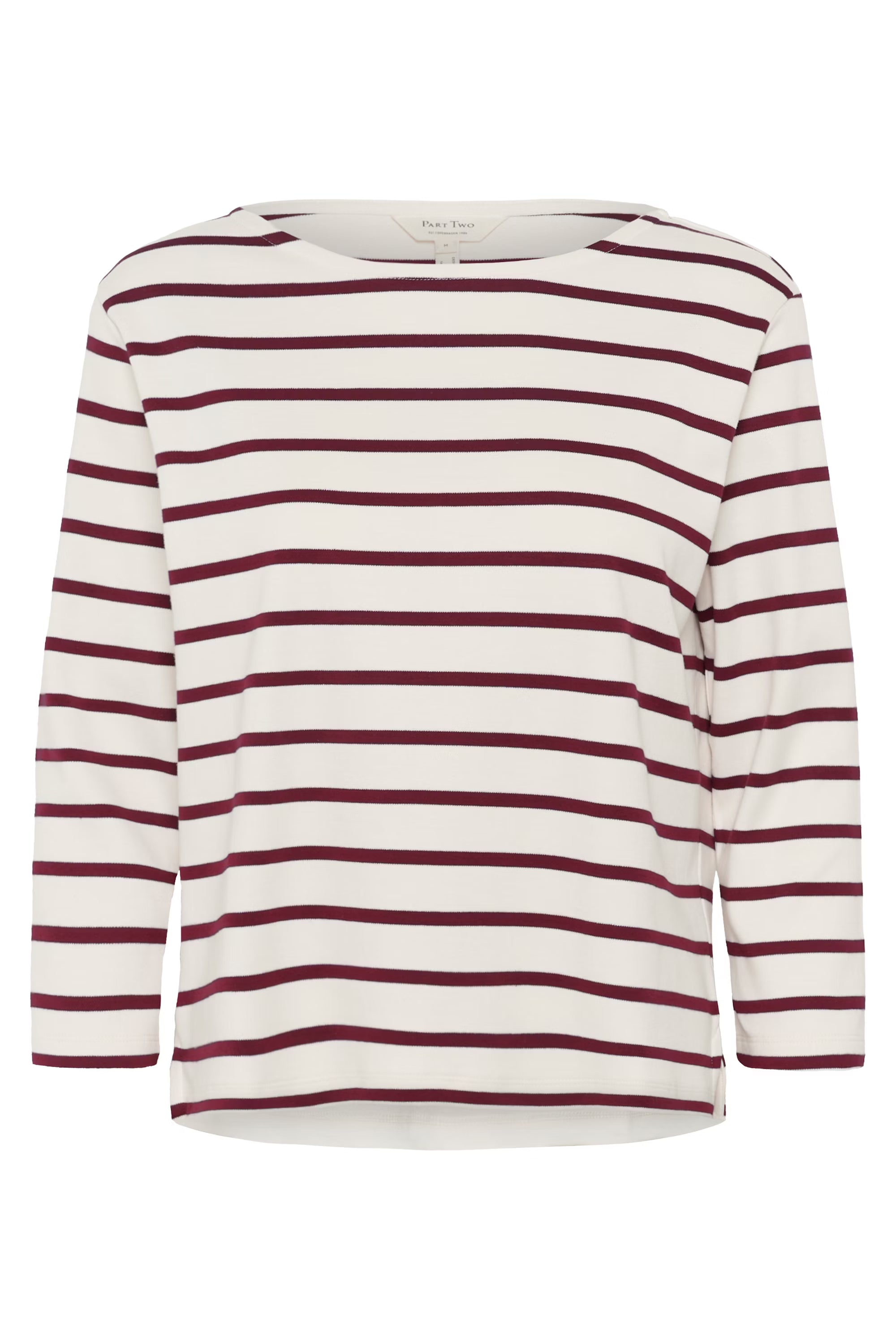 Part Two NelaPW striped long-sleeved top in cream with burgundy stripes.
