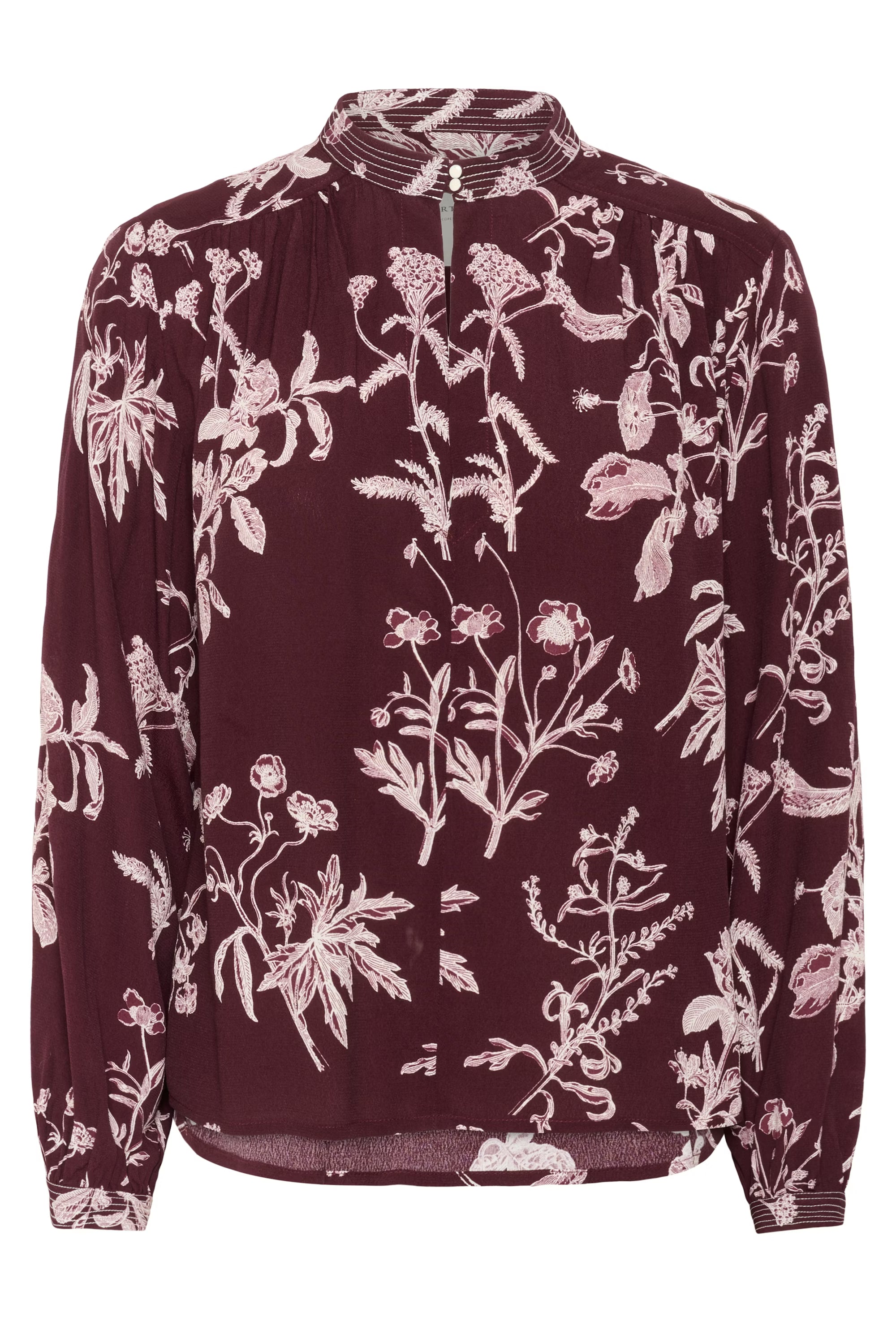 Flat lay of Part Two Shiroma burgundy mandarin blouse with soft pink botanical print