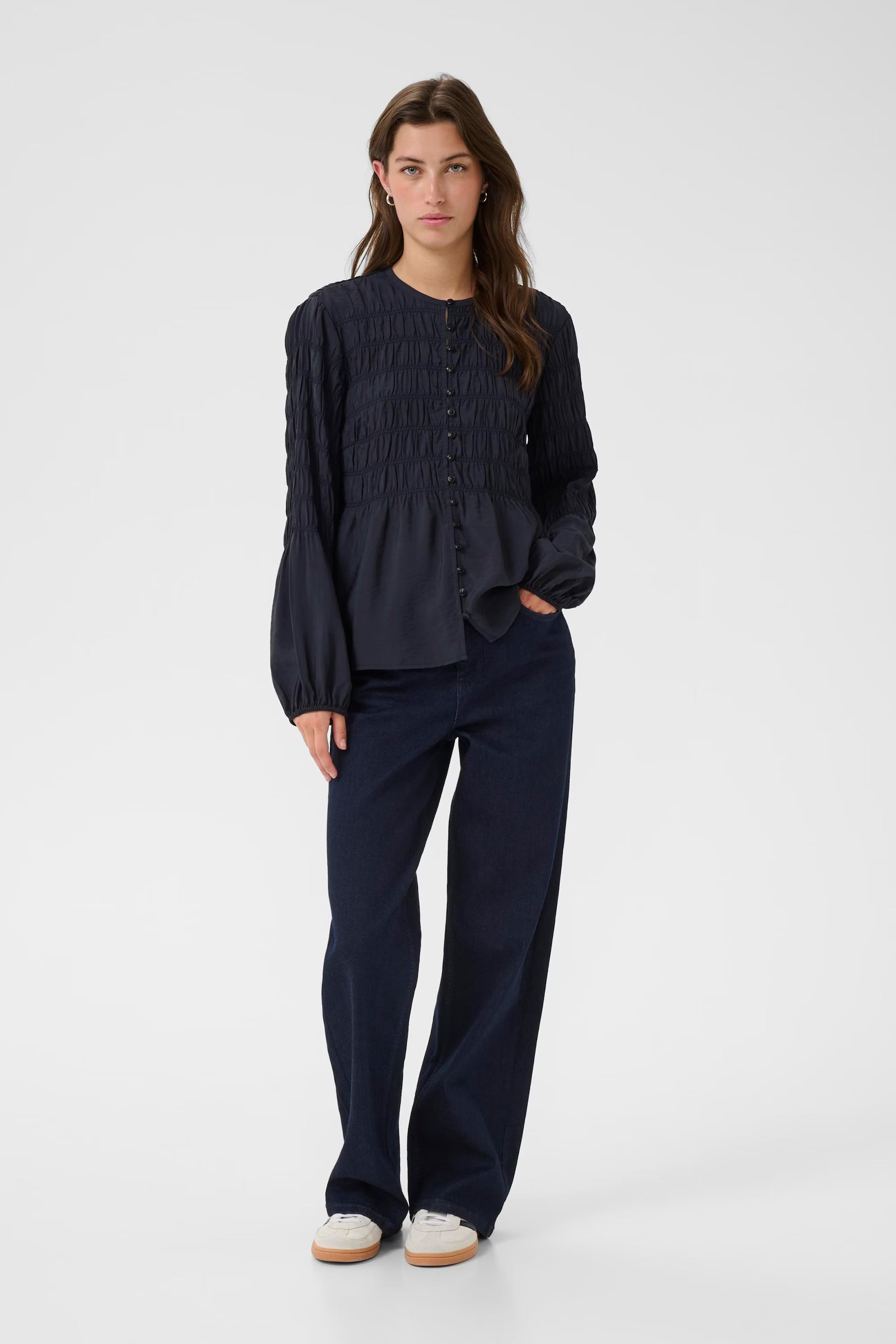 Model wearing Part Two Siffe navy balloon sleeve blouse