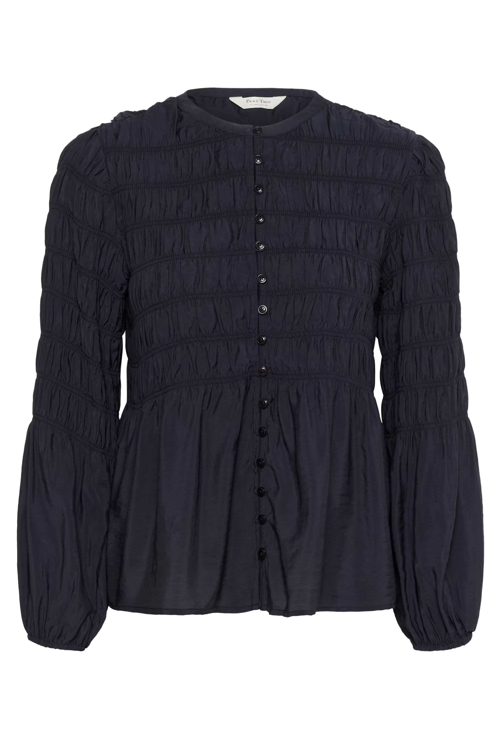 Flat lay of Part Two navy balloon sleeve top