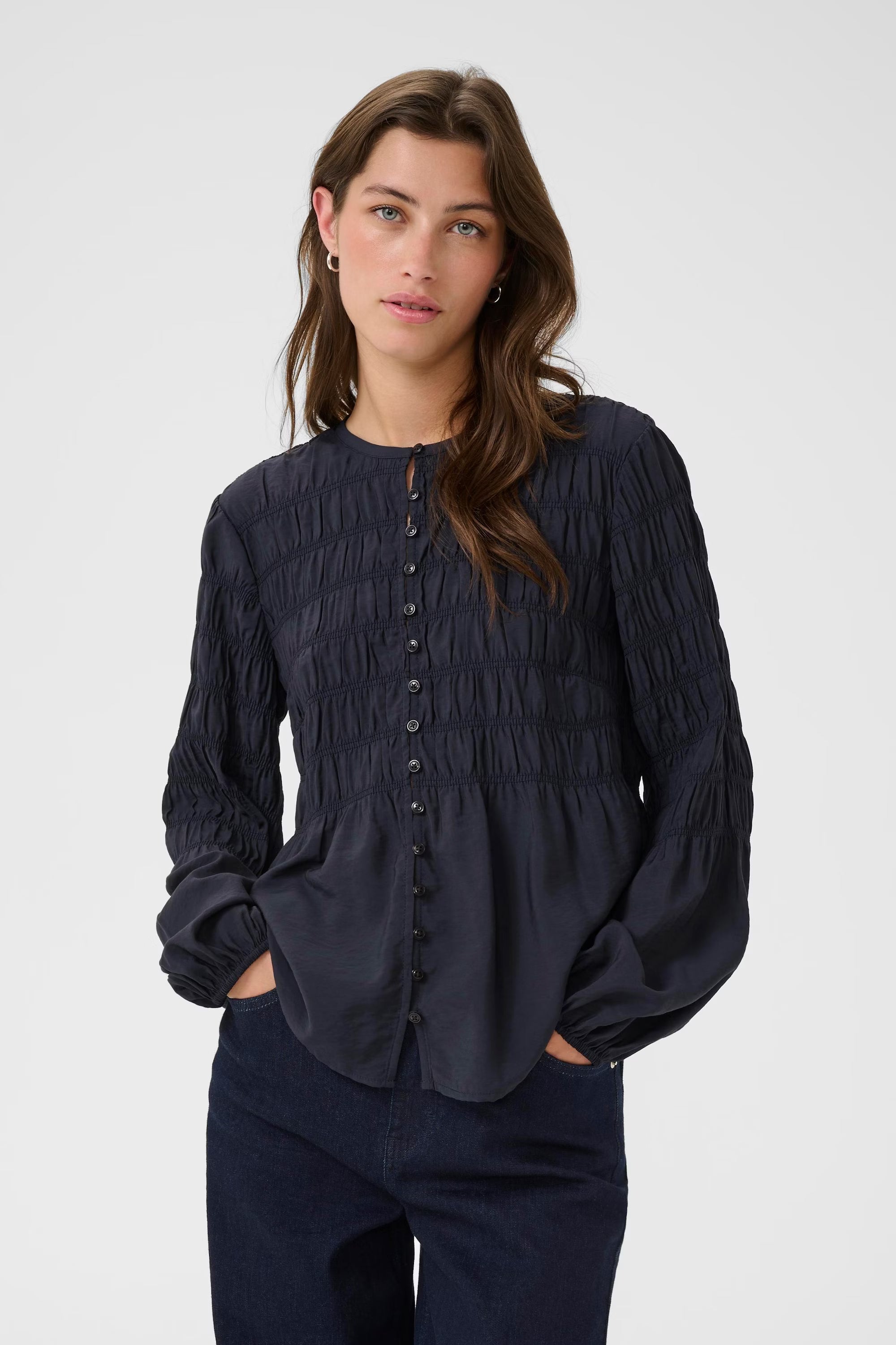 Front view of Part Two women’s navy blouse with ruching detail