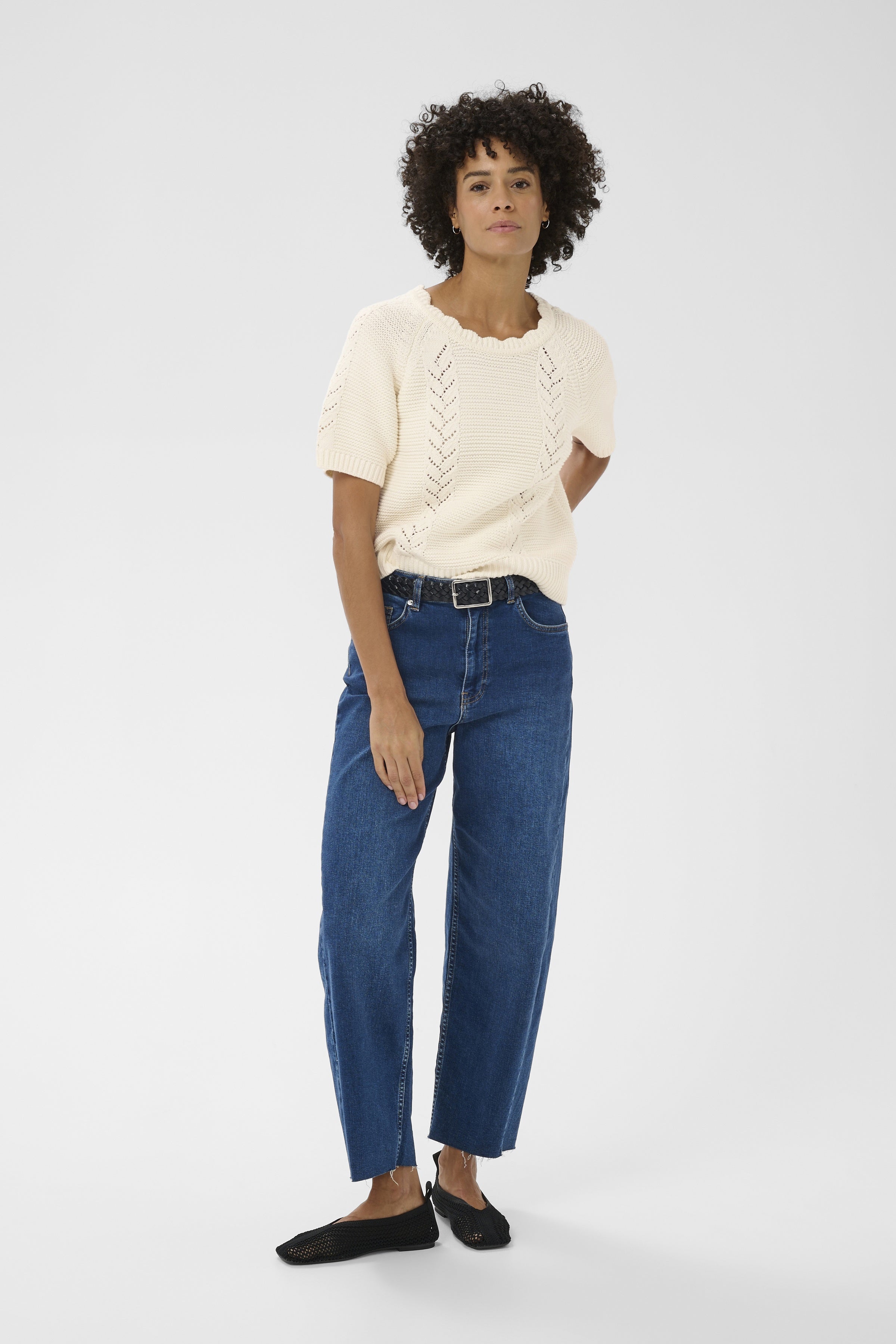 Part Two Anisette cream short sleeve knitted top straight fit with ribbed hem