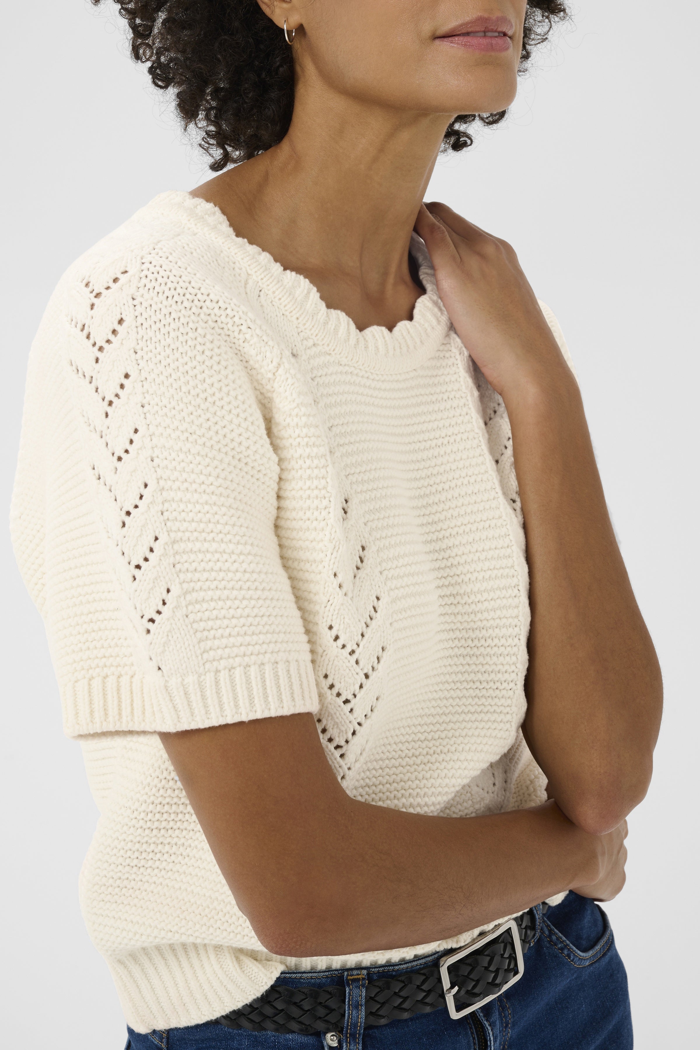 Part Two Anisette cream knitted jumper showing scalloped crew neck and openwork knit