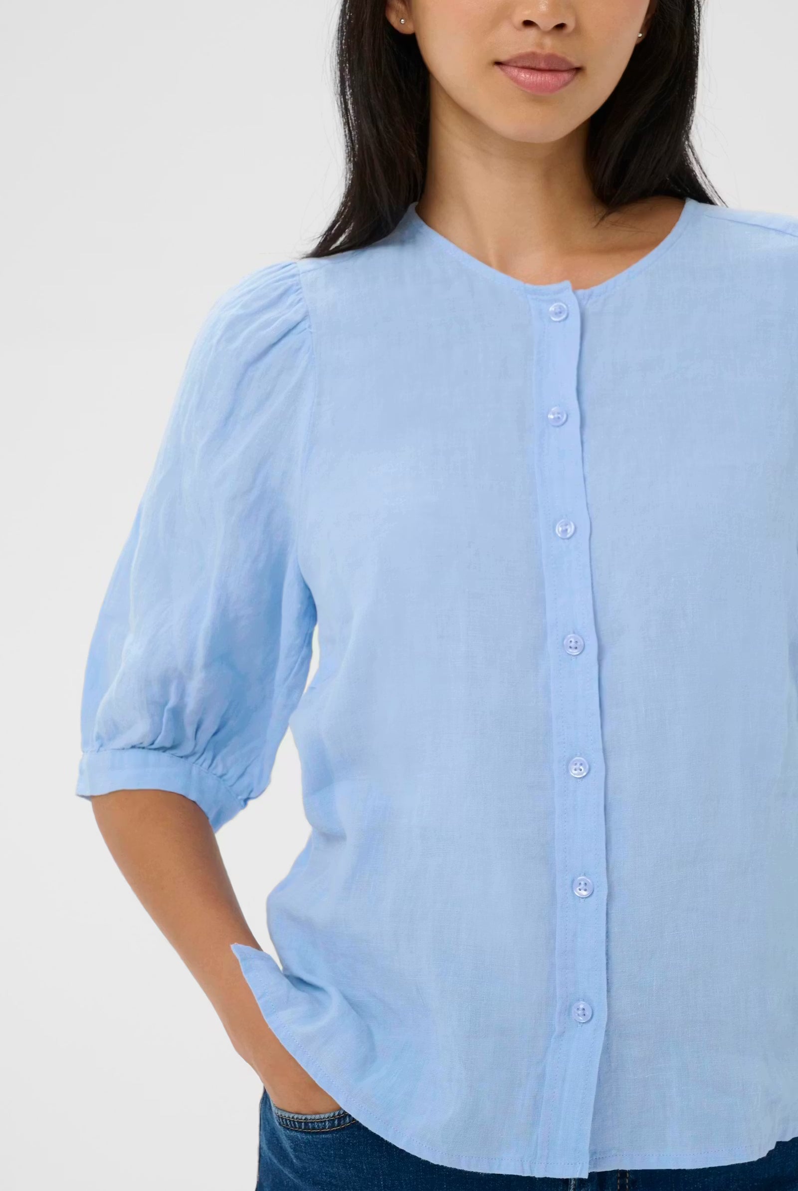 Part Two Azra light blue linen blouse puff sleeve detail