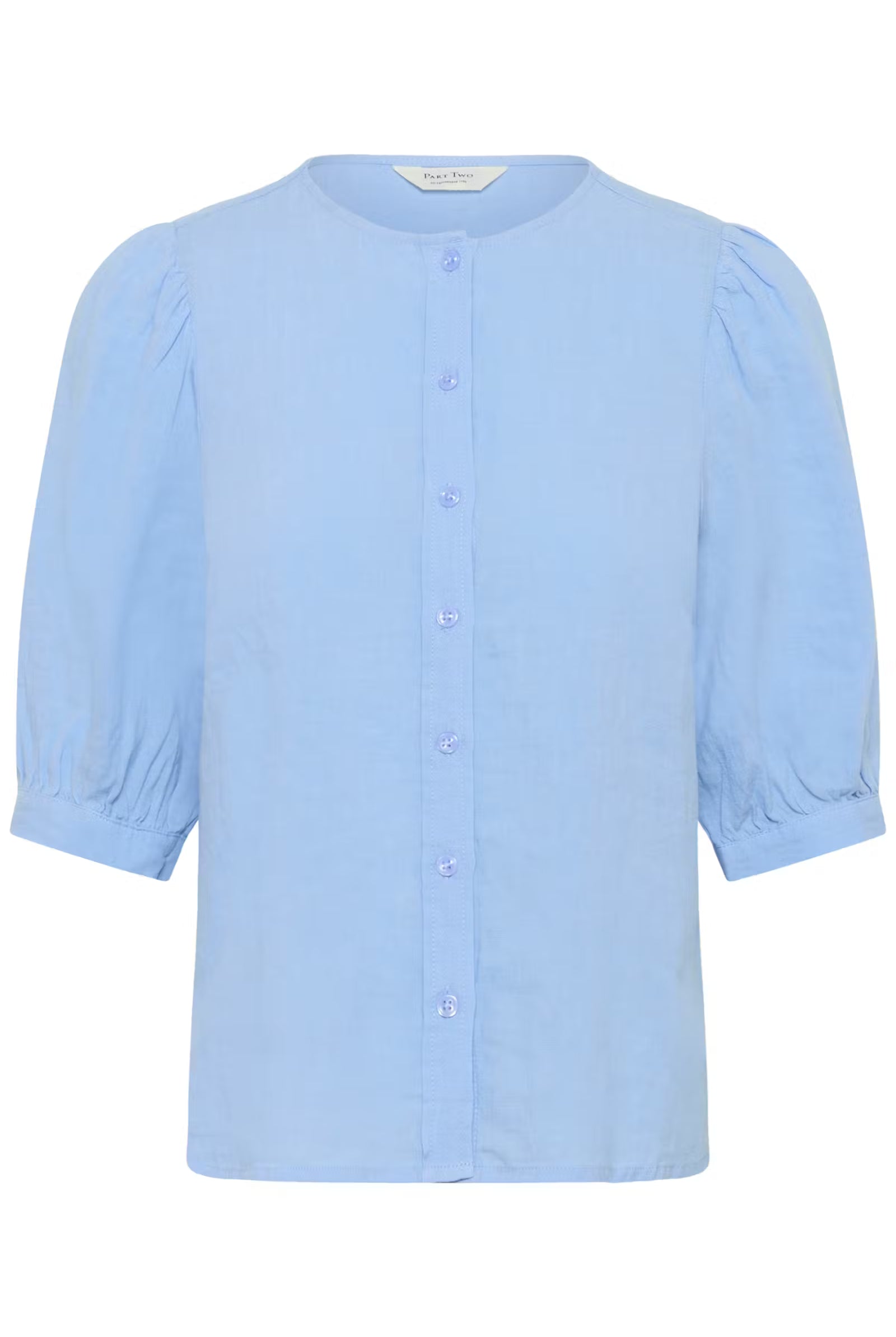 Part Two Azra round neck linen blouse front In blue