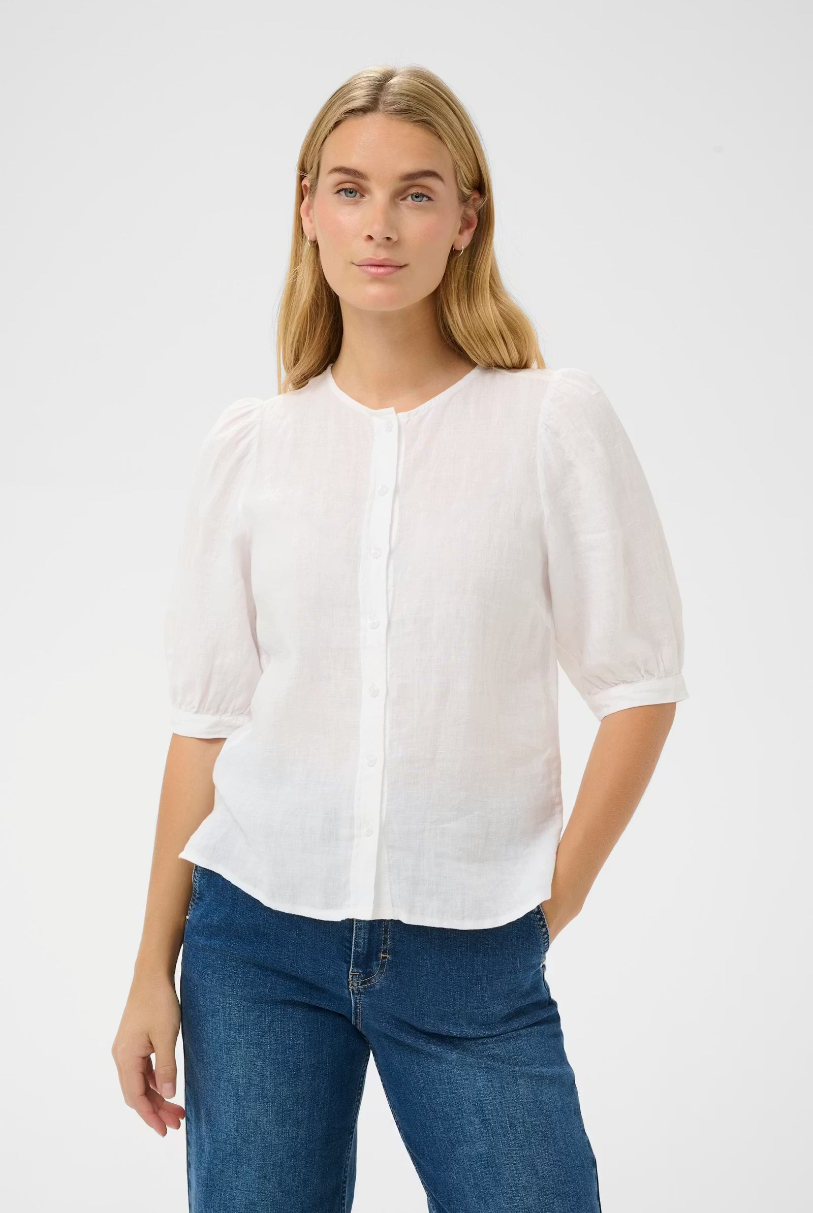 Part Two Azra linen puff sleeve blouse styled with denim