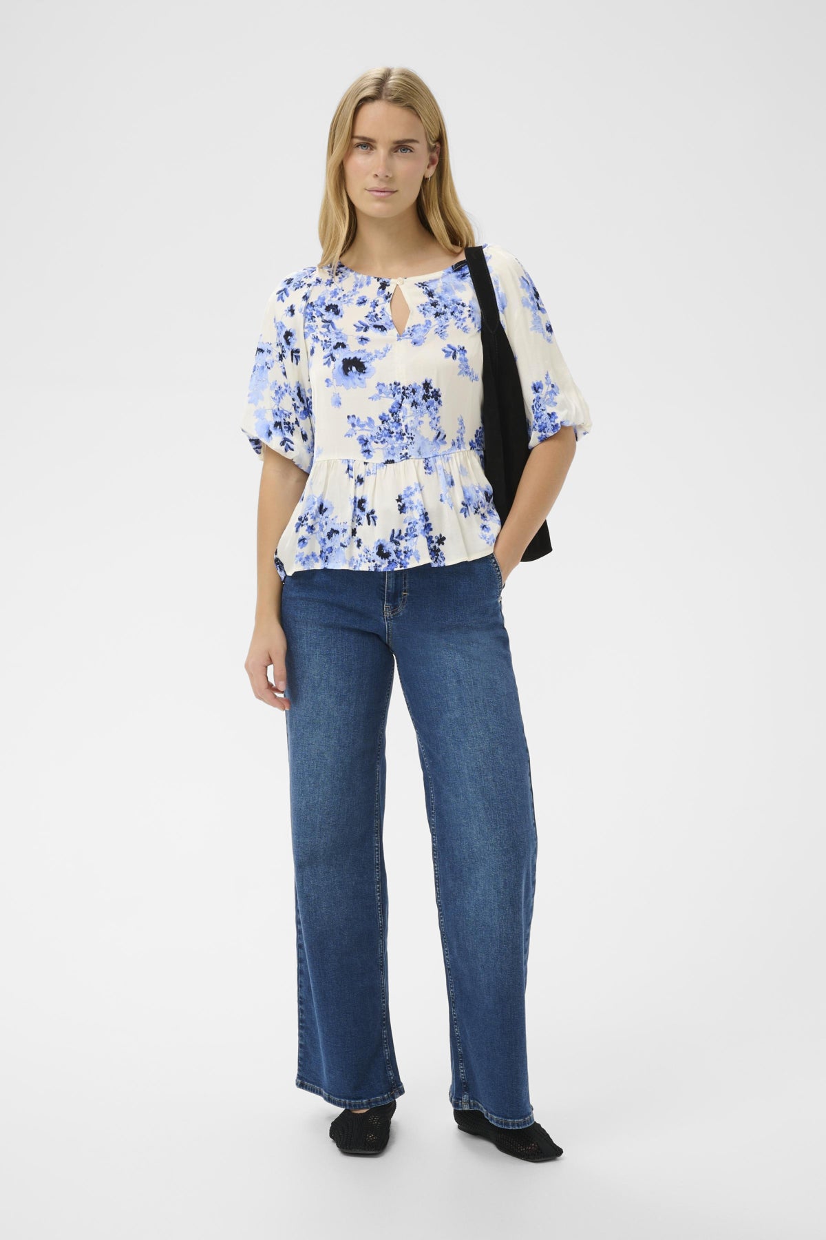 Part Two Azelia blue an white floral peplum top styled with denim