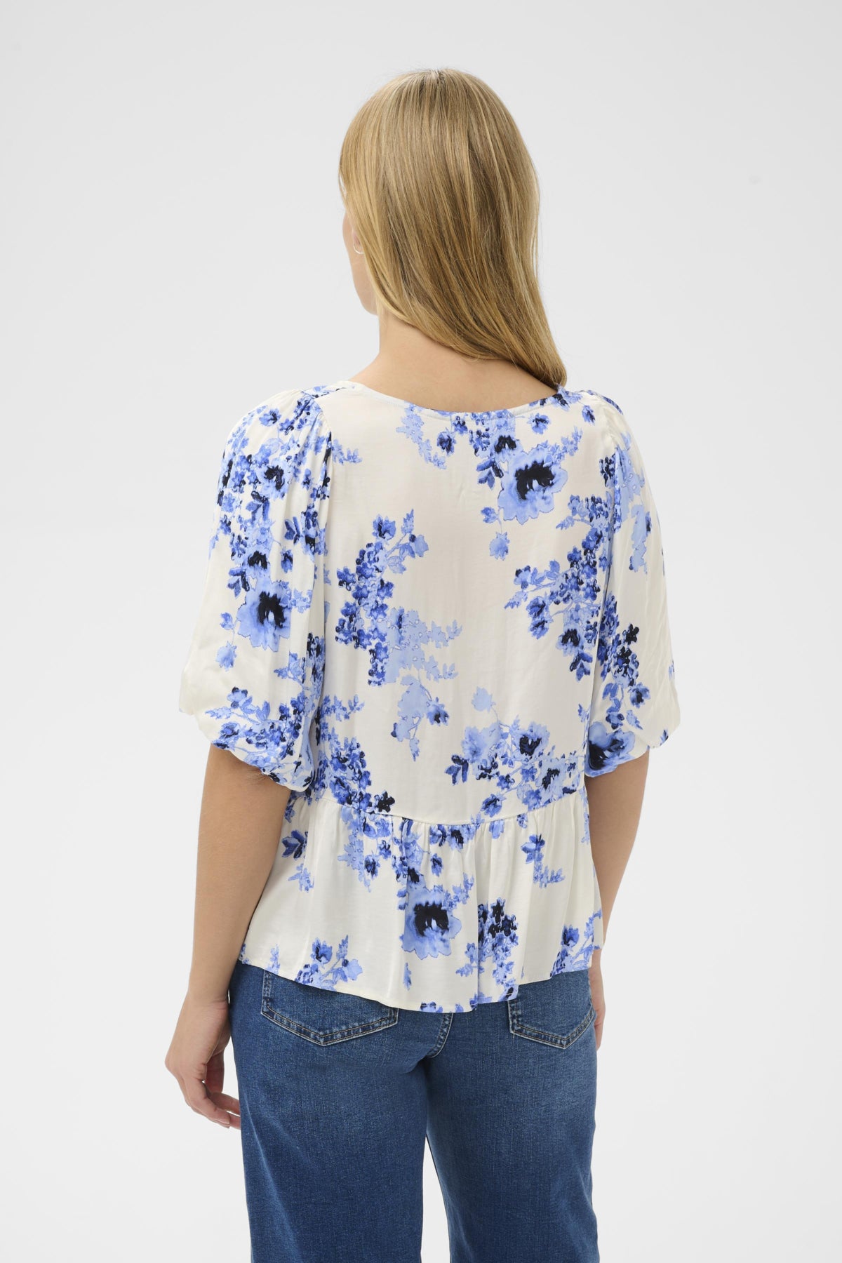 Part Two Azelia blue and white floral peplum blouse back view