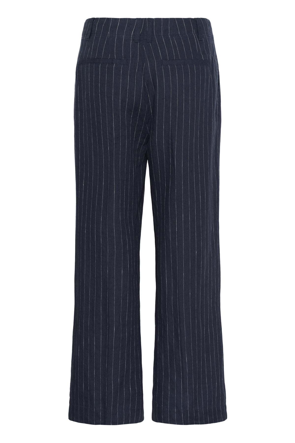 Part Two Aliya linen pinstripe trousers straight leg detail navy from back