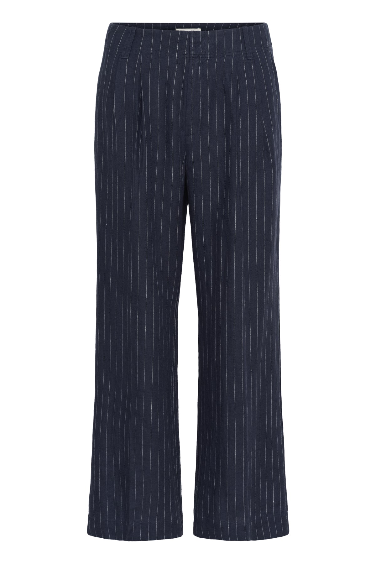 Part Two Aliya linen pinstripe trousers straight leg detail navy