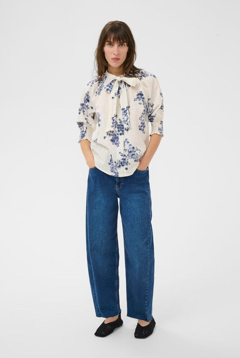 Part Two Almera floral blouse styled with wide leg jeans