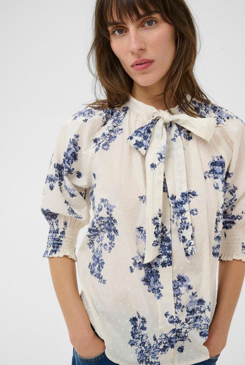 Part Two Almera floral tie neck blouse cream blue front view
