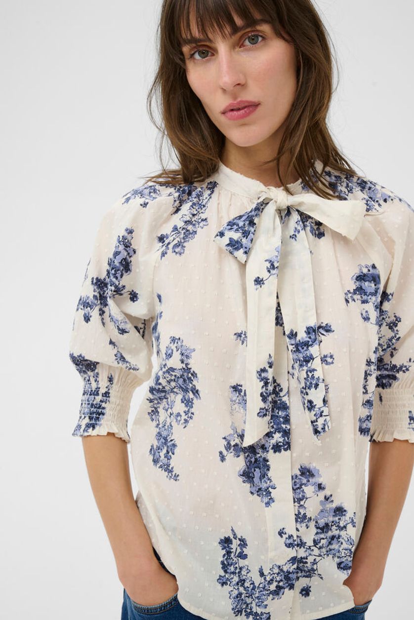 Part Two Almera floral tie neck blouse cream blue front view
