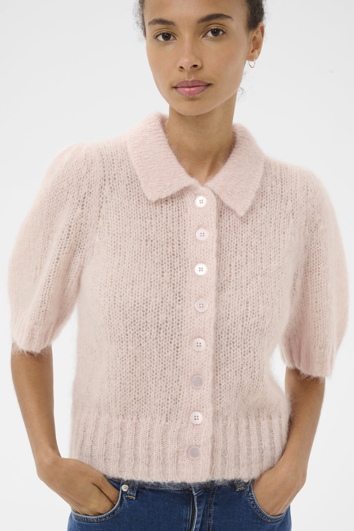 Part Two Vermoni collared short sleeve pink cardigan front view soft knit