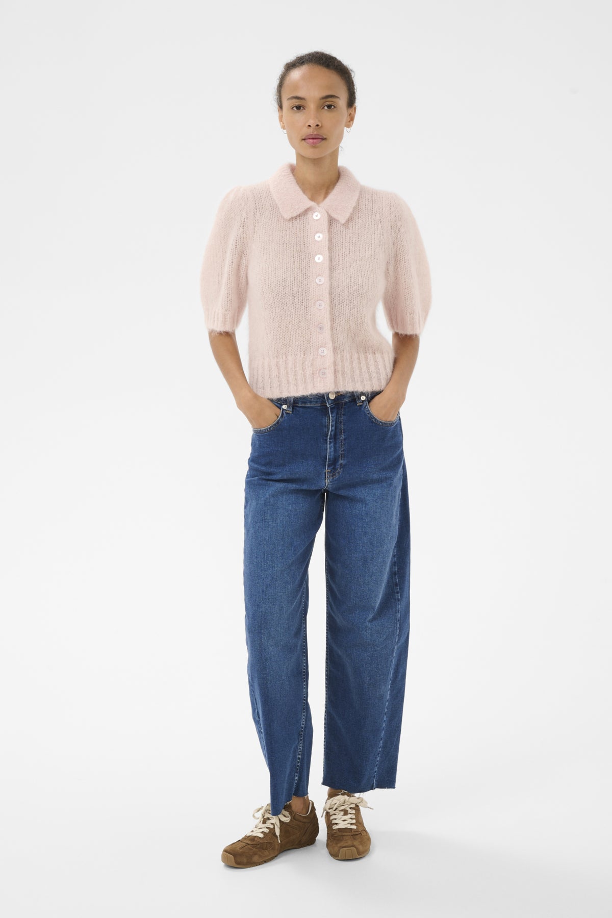 Part Two Vermoni pastel pink knit cardigan outfit styled with jeans cropped fit