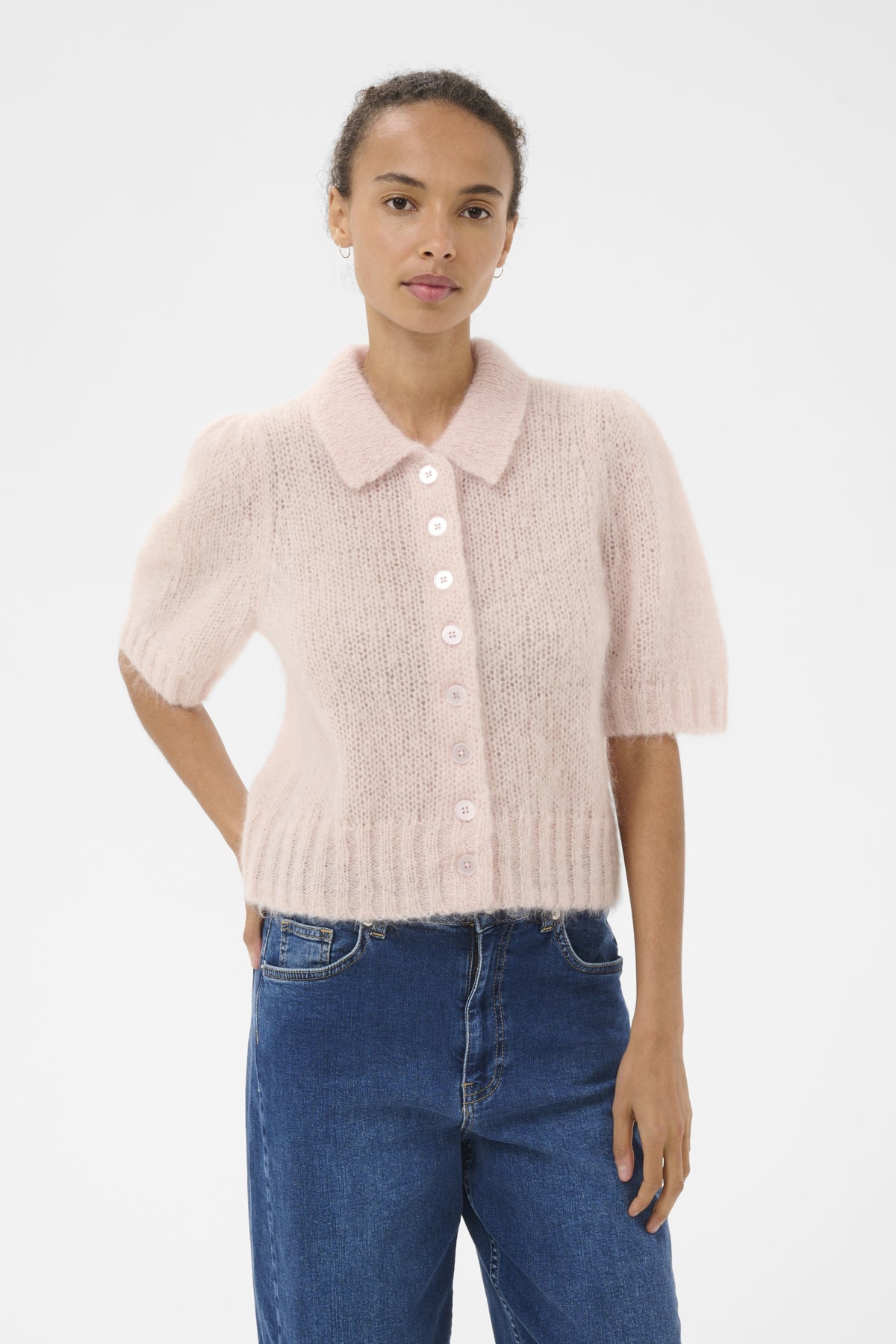 Part Two Vermoni short sleeve light pink cardigan front angled view button detail