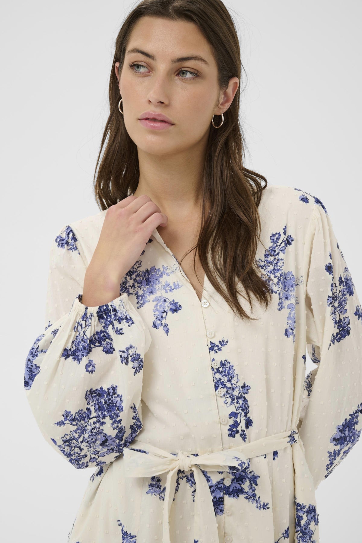 Part Two Avira floral dress neckline detail V notch button placket