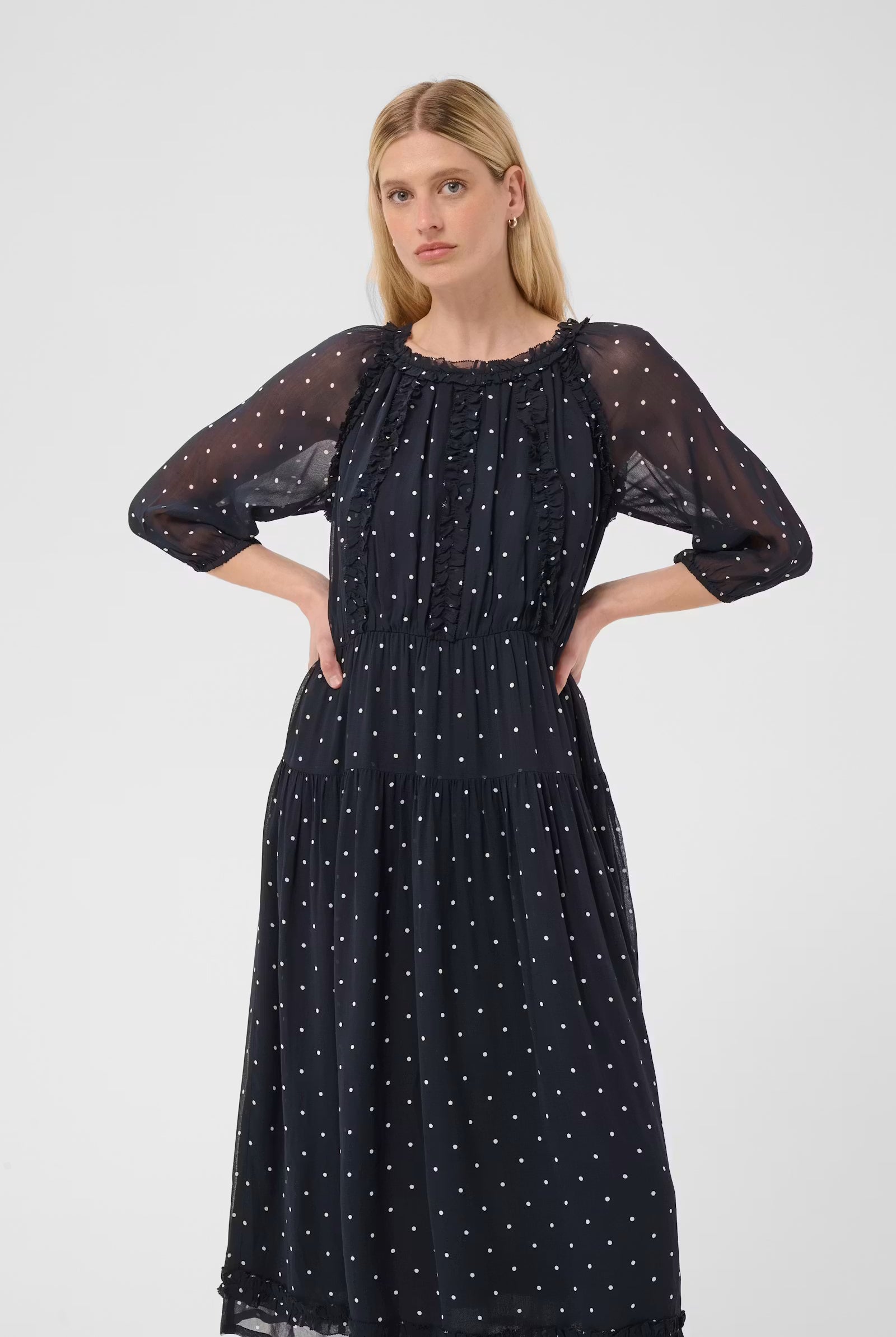 Part Two navy spot midi dress with sheer sleeves