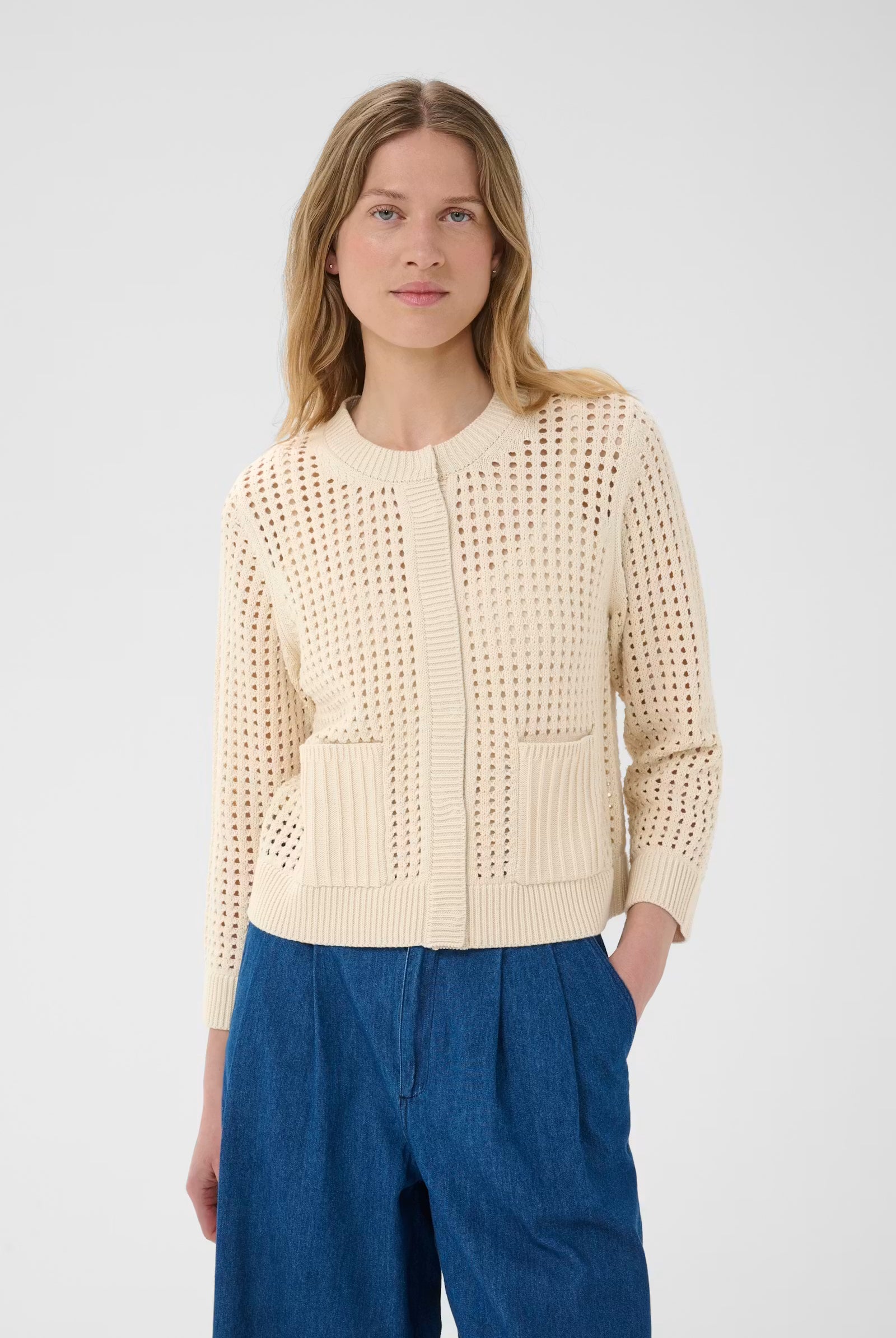 Part Two lightweight spring cardigan styled with blue trousers
