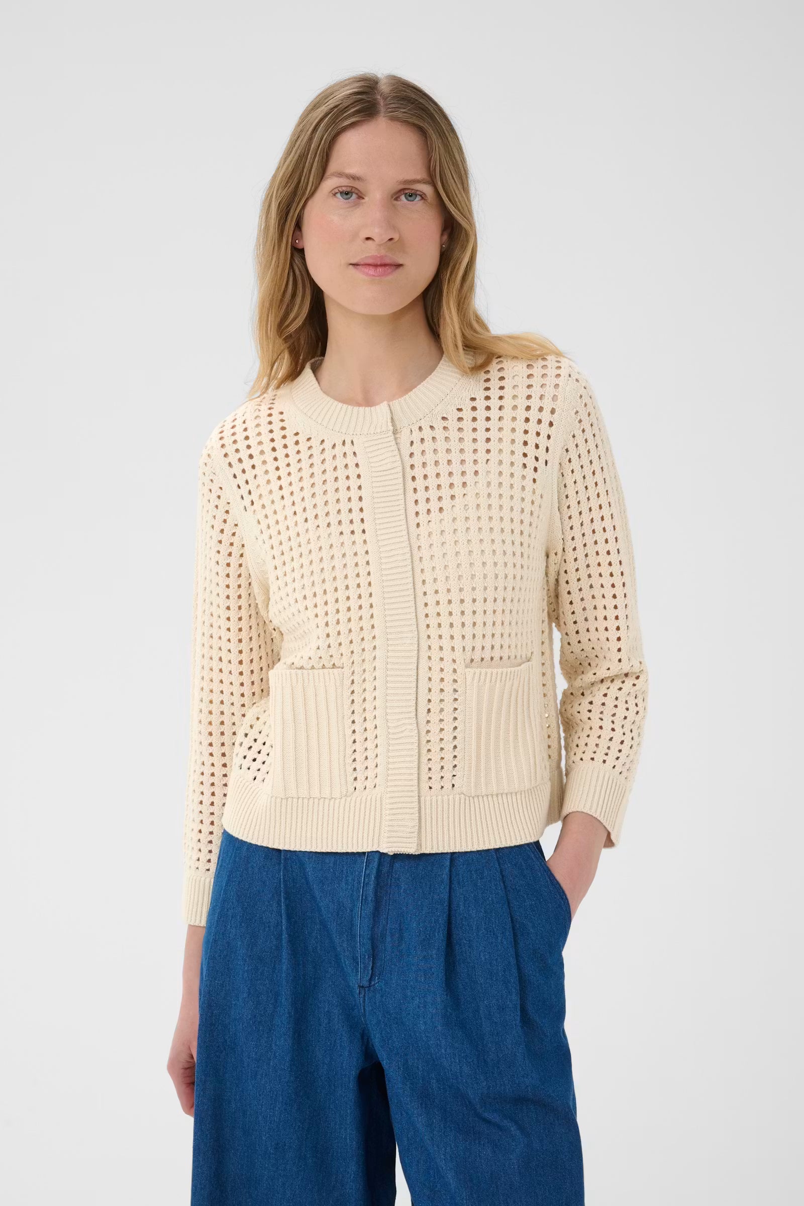 Part Two lightweight spring cardigan styled with blue trousers