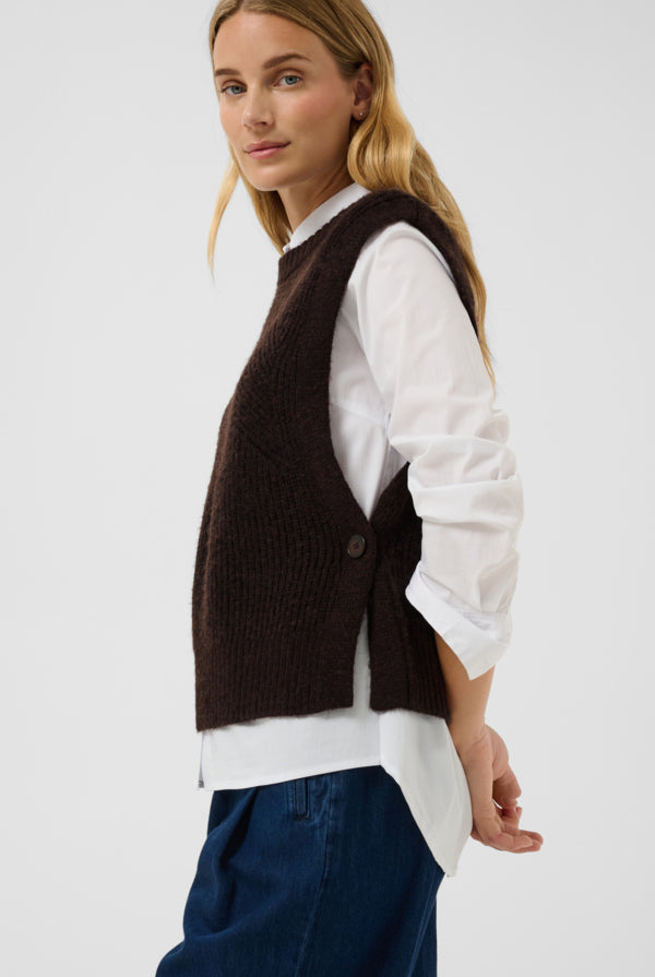 Part Two Charlye knitted waistcoat side view showing statement buttons