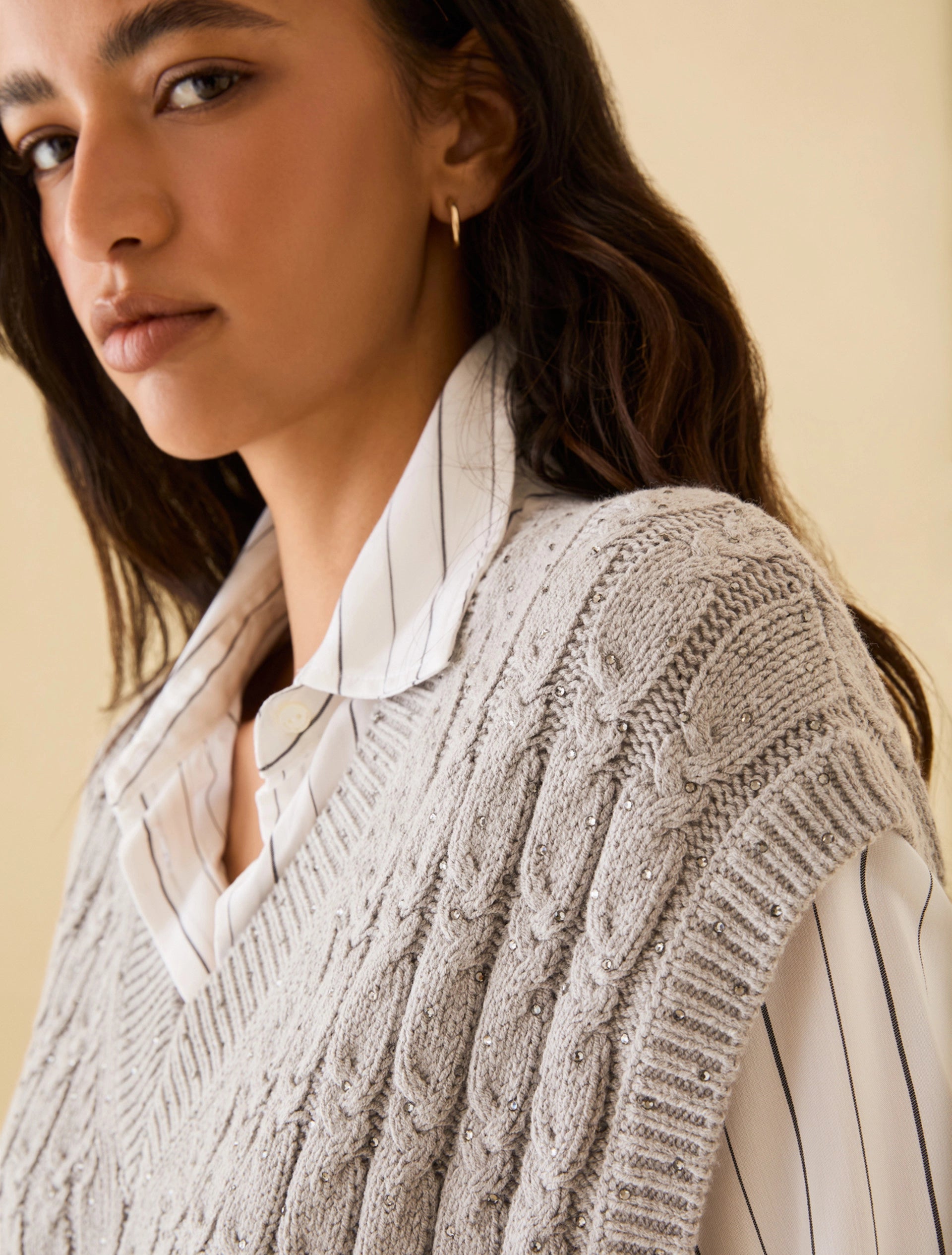 Penny Black Feltre V neck gilet close up rhinestone detail