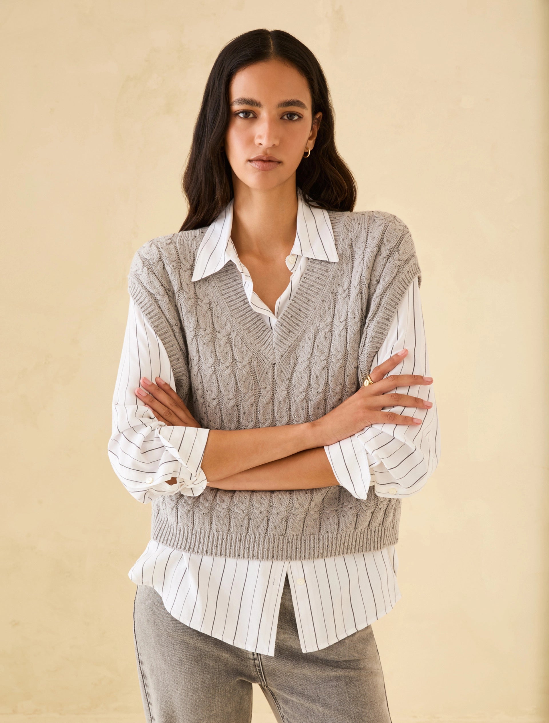 Penny Black Feltre cable knit gilet with rhinestone detail front view