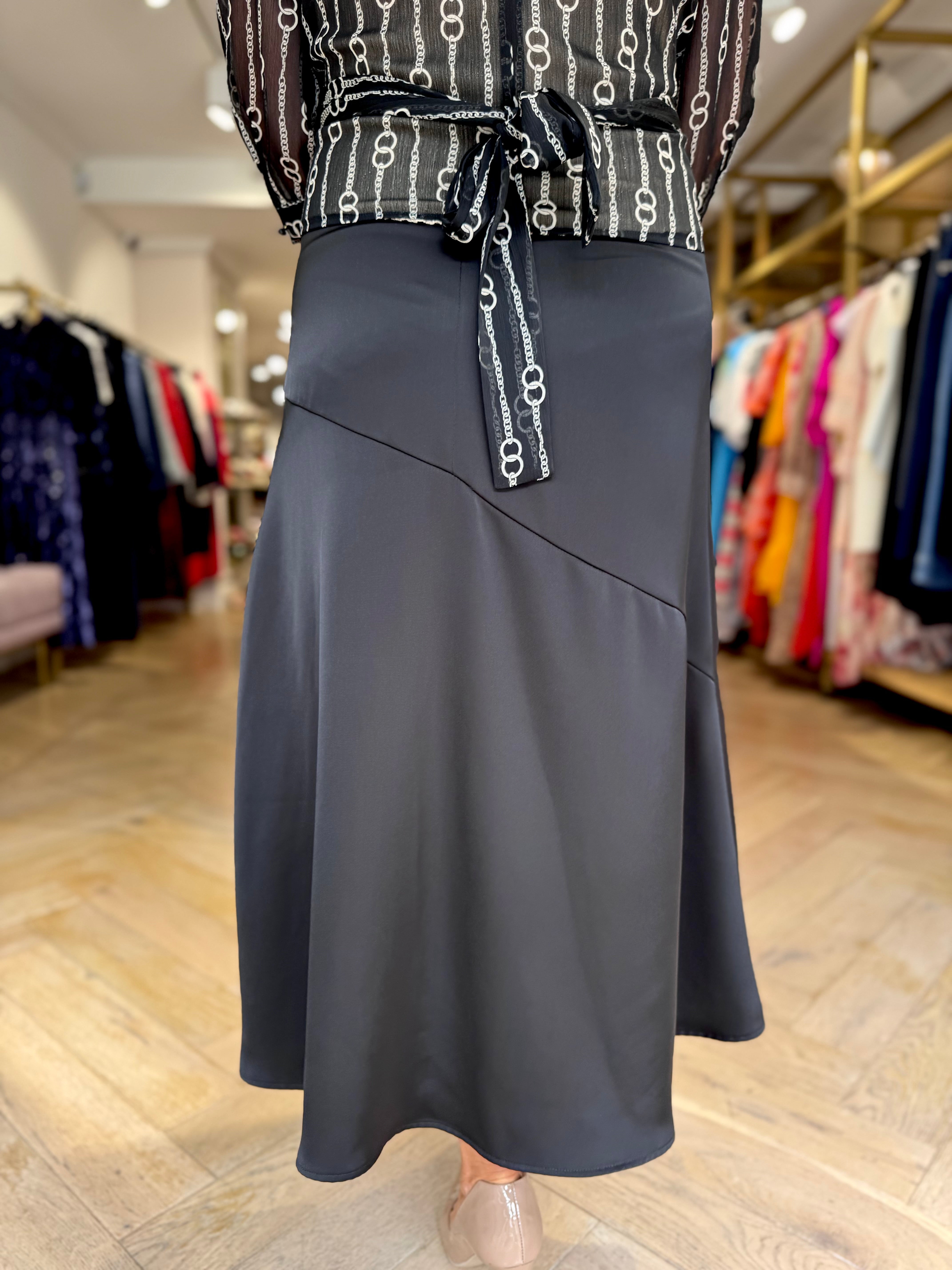 Penny Black Fox satin midi skirt styled with chain print blouse