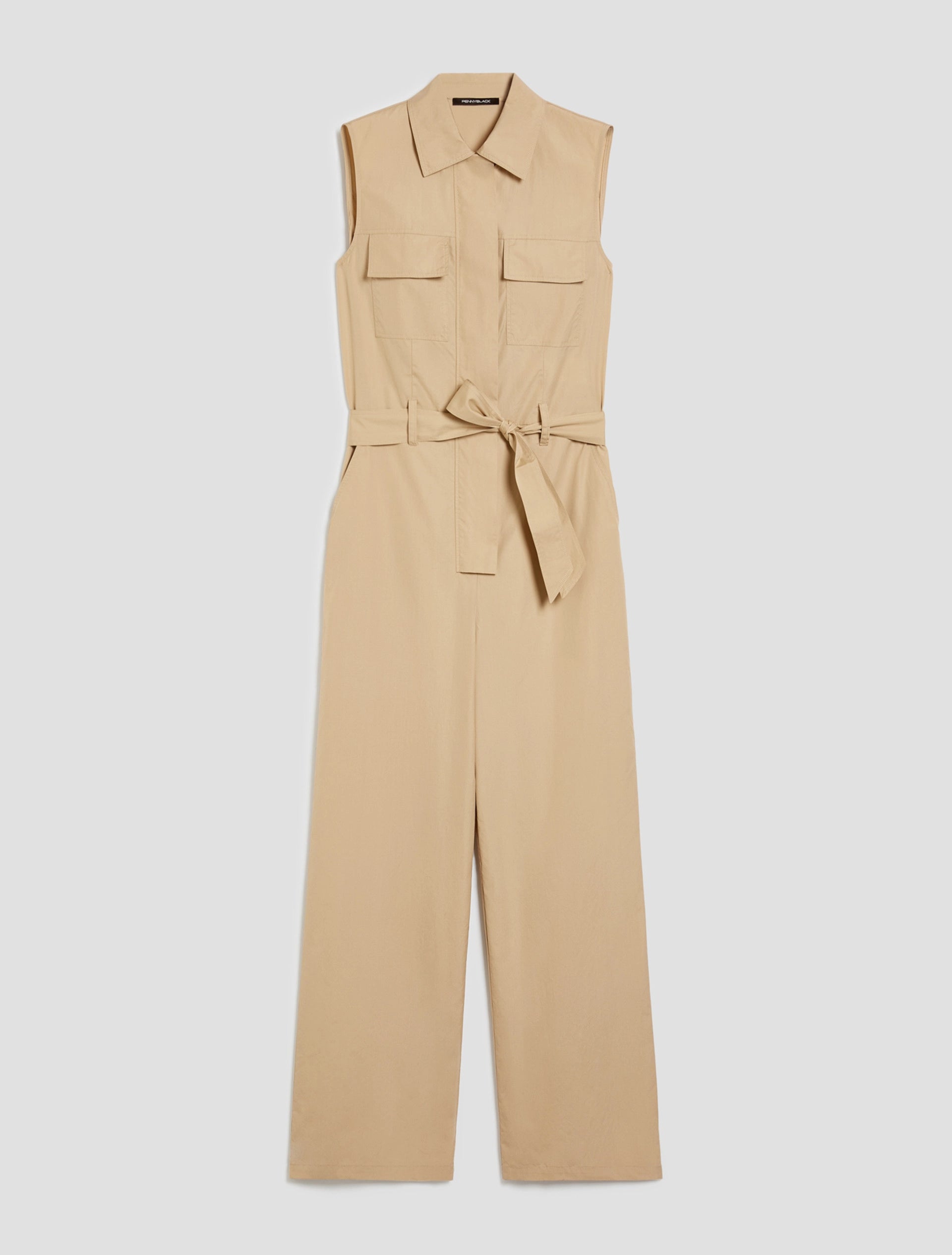 Penny Black khaki cotton jumpsuit waist belt and pocket detail