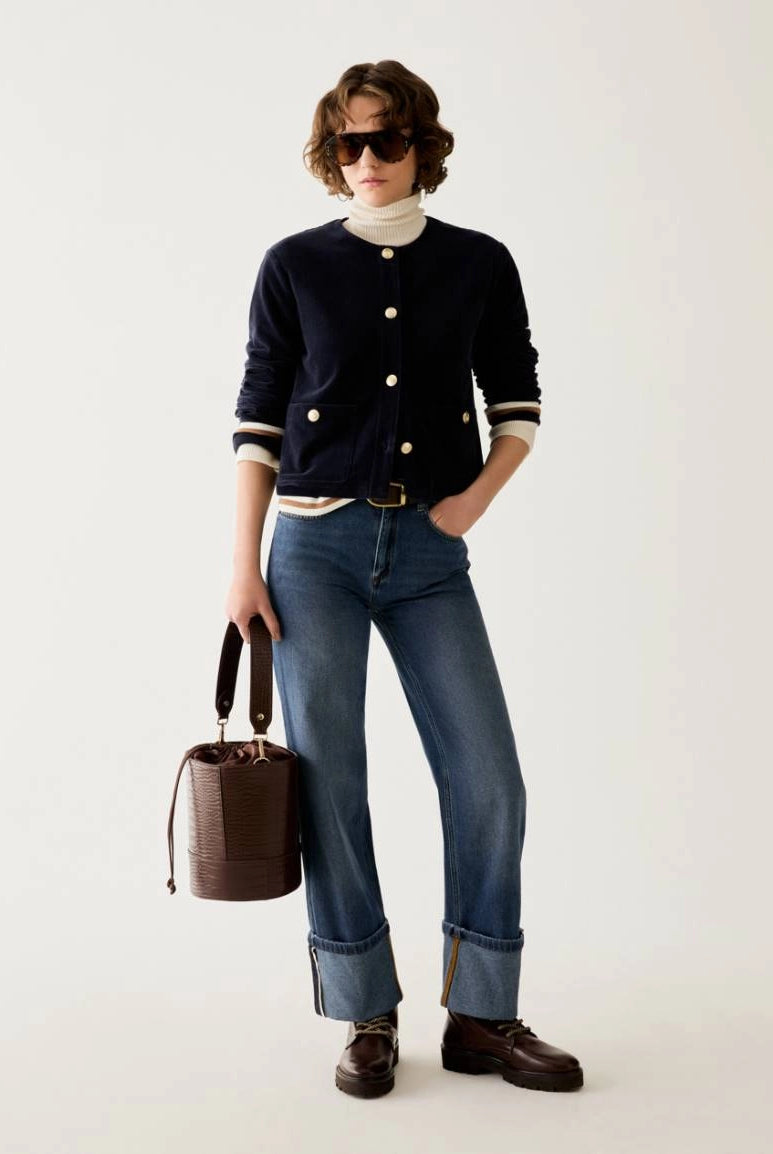 Pennyblack navy smart casual jacket styled with jeans