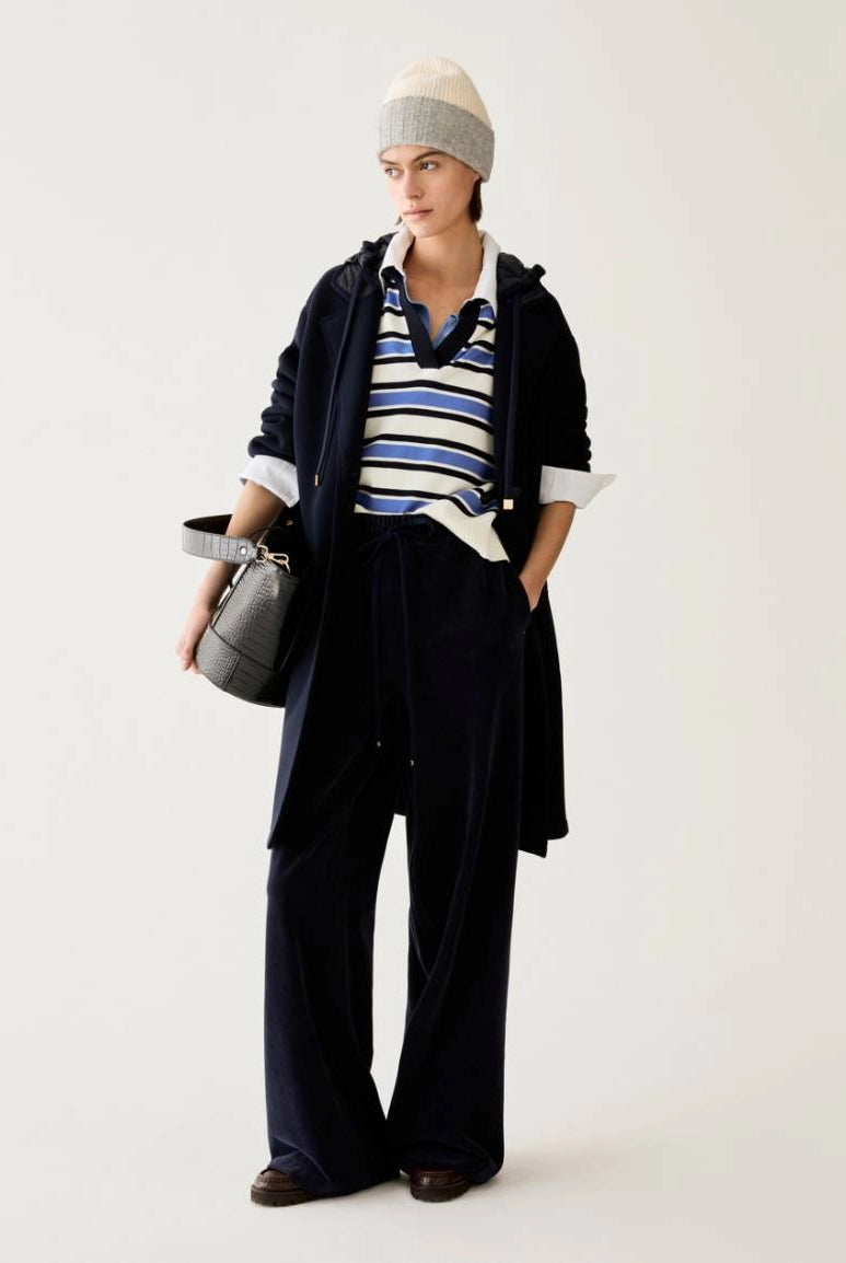 Pennyblack navy wide-leg joggers styled with a striped knit and long coat