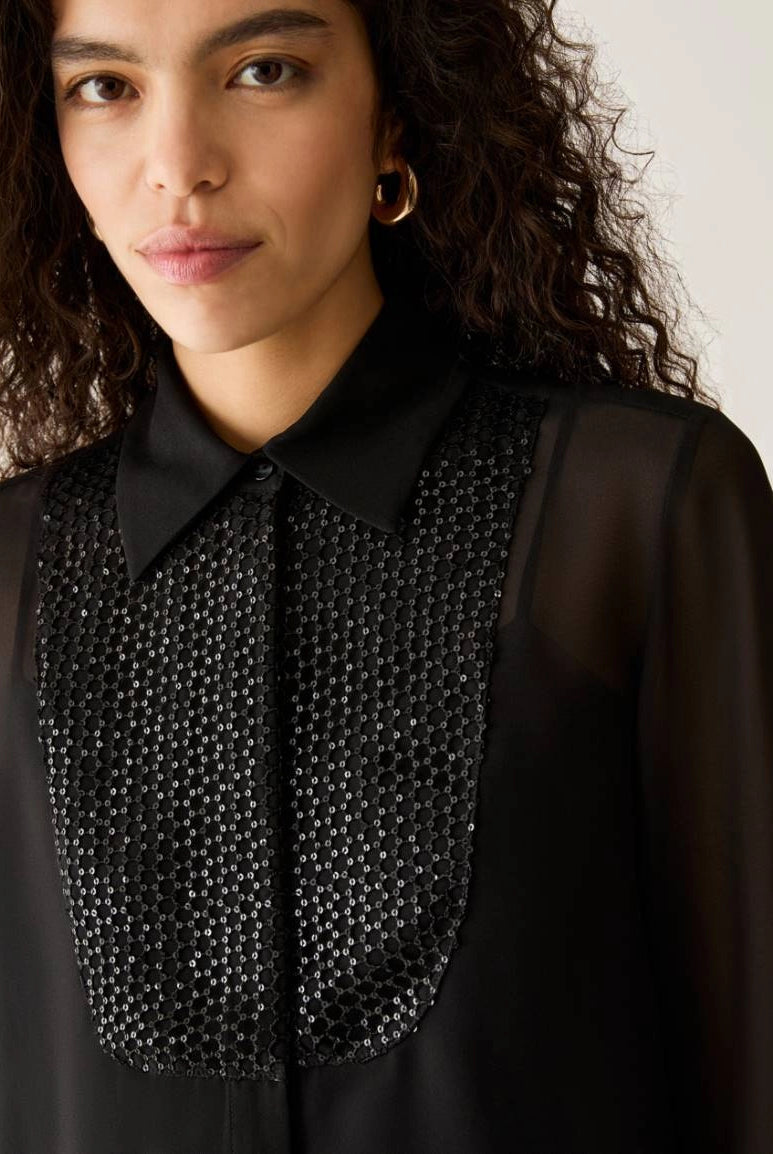 Pennyblack PBPAQUILA black shirt – sequin plastron and collar detail