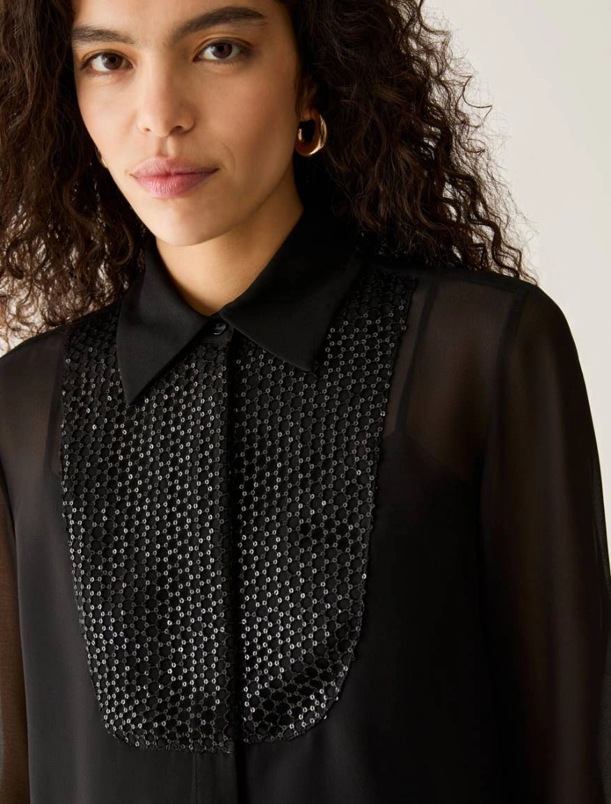 Pennyblack PBPAQUILA black shirt – sequin plastron and collar detail