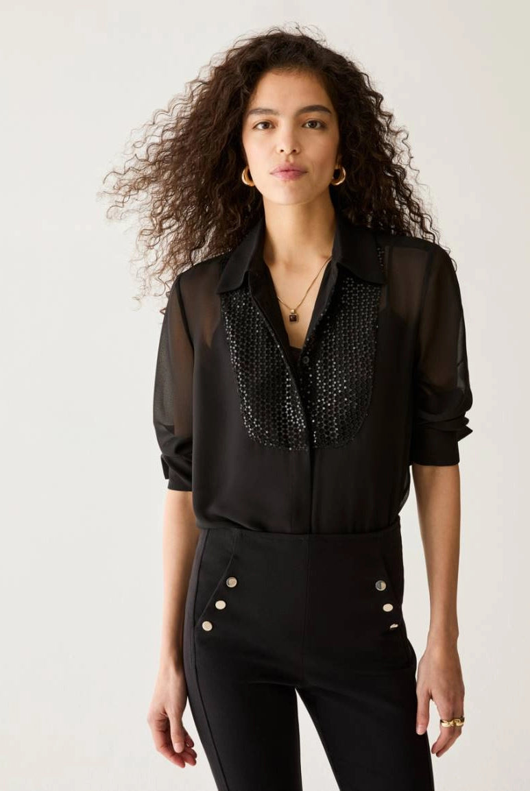 Pennyblack PBPAQUILA black sequin georgette shirt – front model view