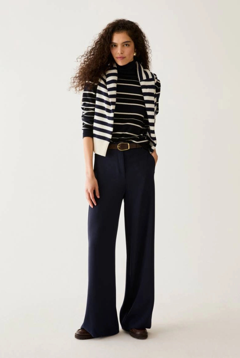 Pennyblack navy wide leg trousers styled with knitwear