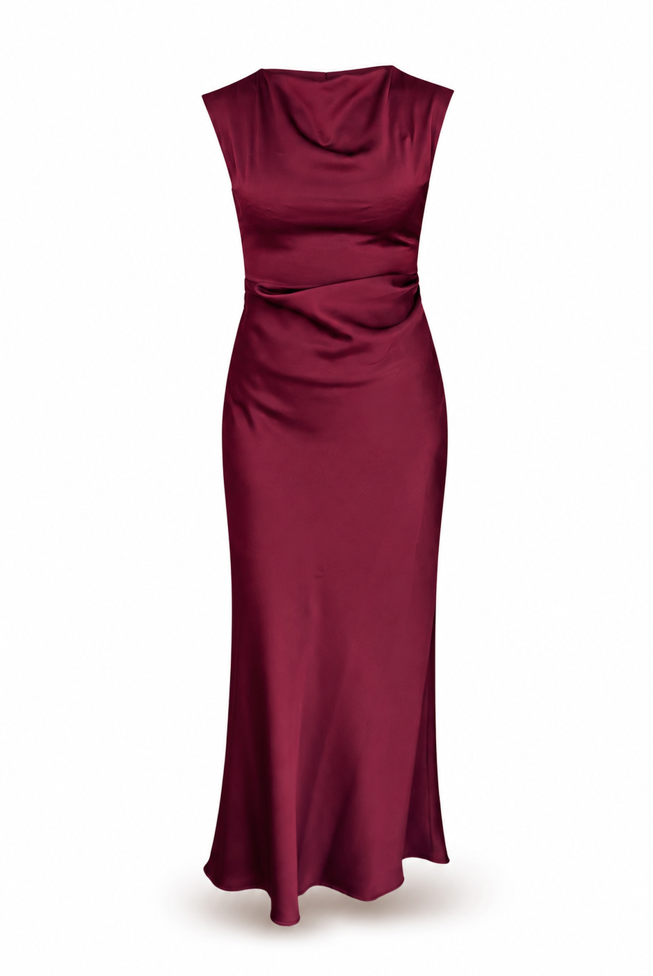 Penny Black Rodeo burgundy ruched satin midi dress front view