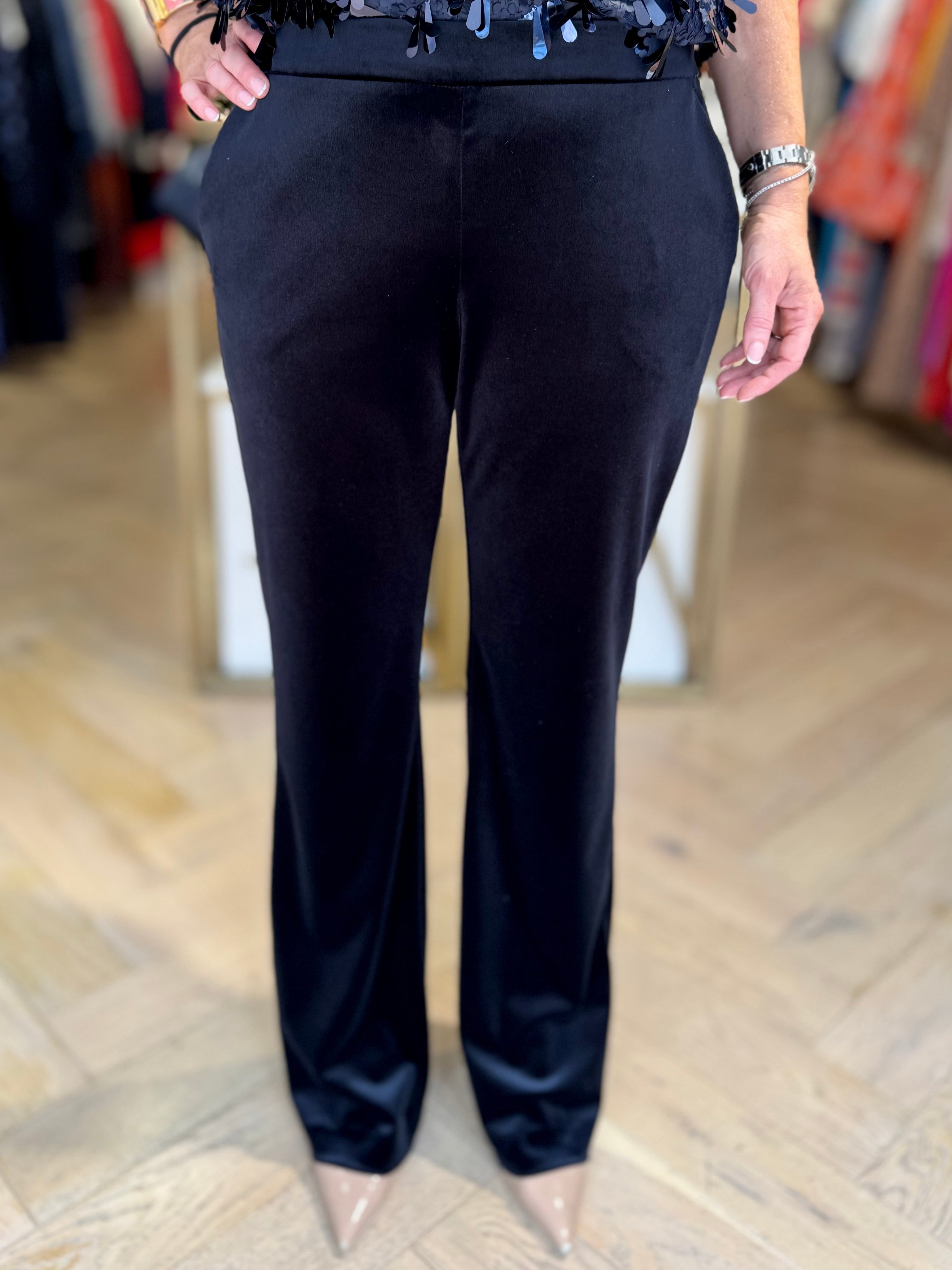 Front view of Penny Black Plinio navy velvet straight-leg trousers