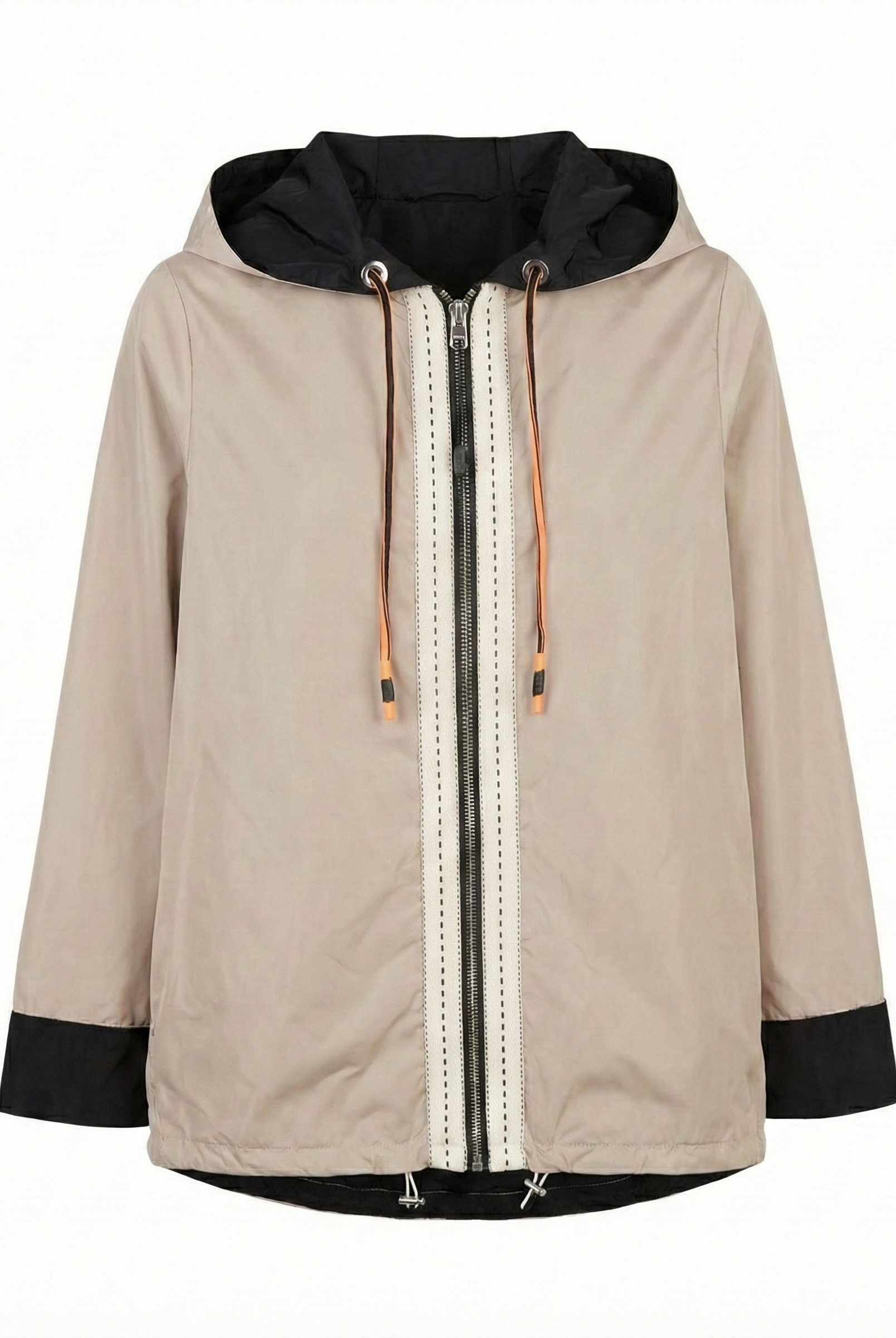 Peruzzi hooded jacket with stitch detail beige front view with contrast zip and cuffs