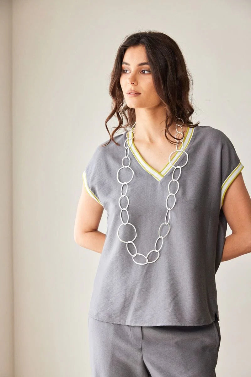 Peruzzi grey short sleeve top with sporty neckline trim