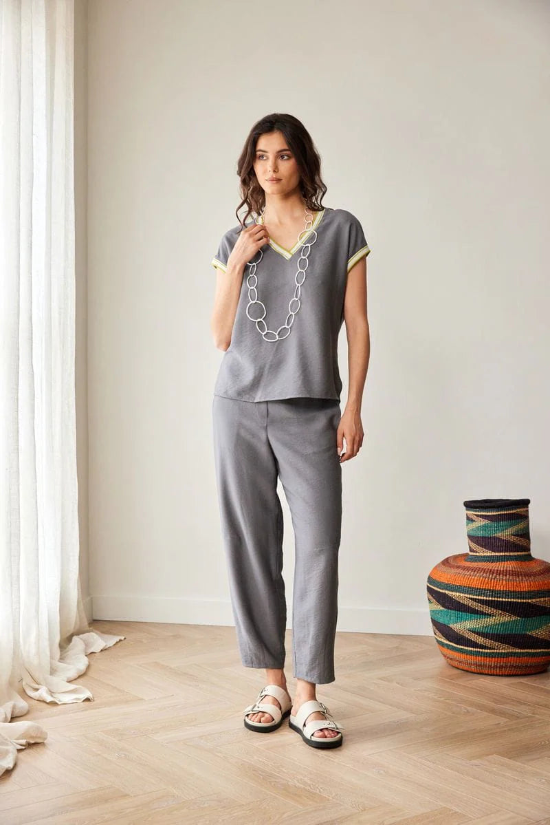 Peruzzi grey stripe trim top styled with matching trousers