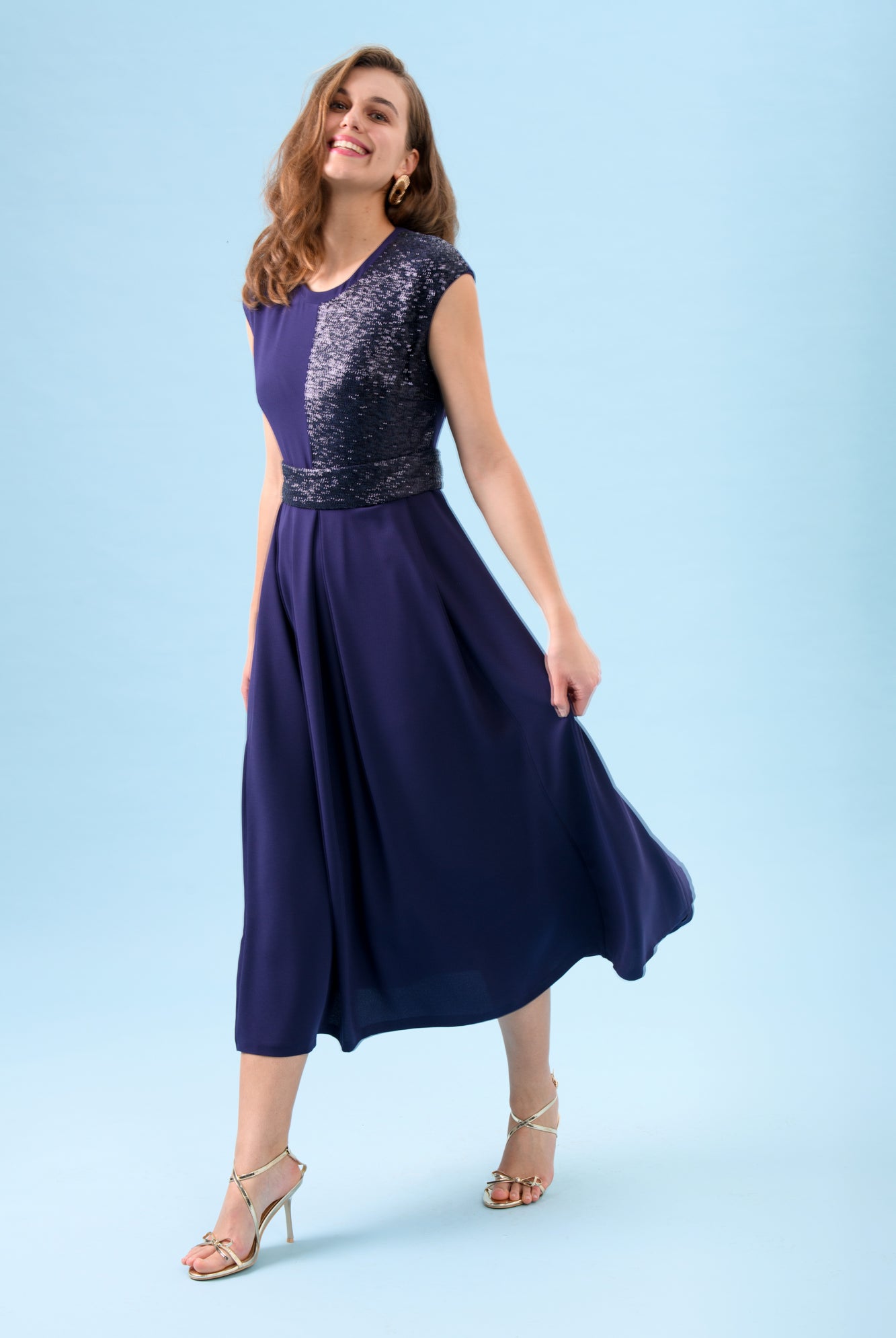 Sisters Feya ink blue midi dress with asymmetric sequin bodice and waistband