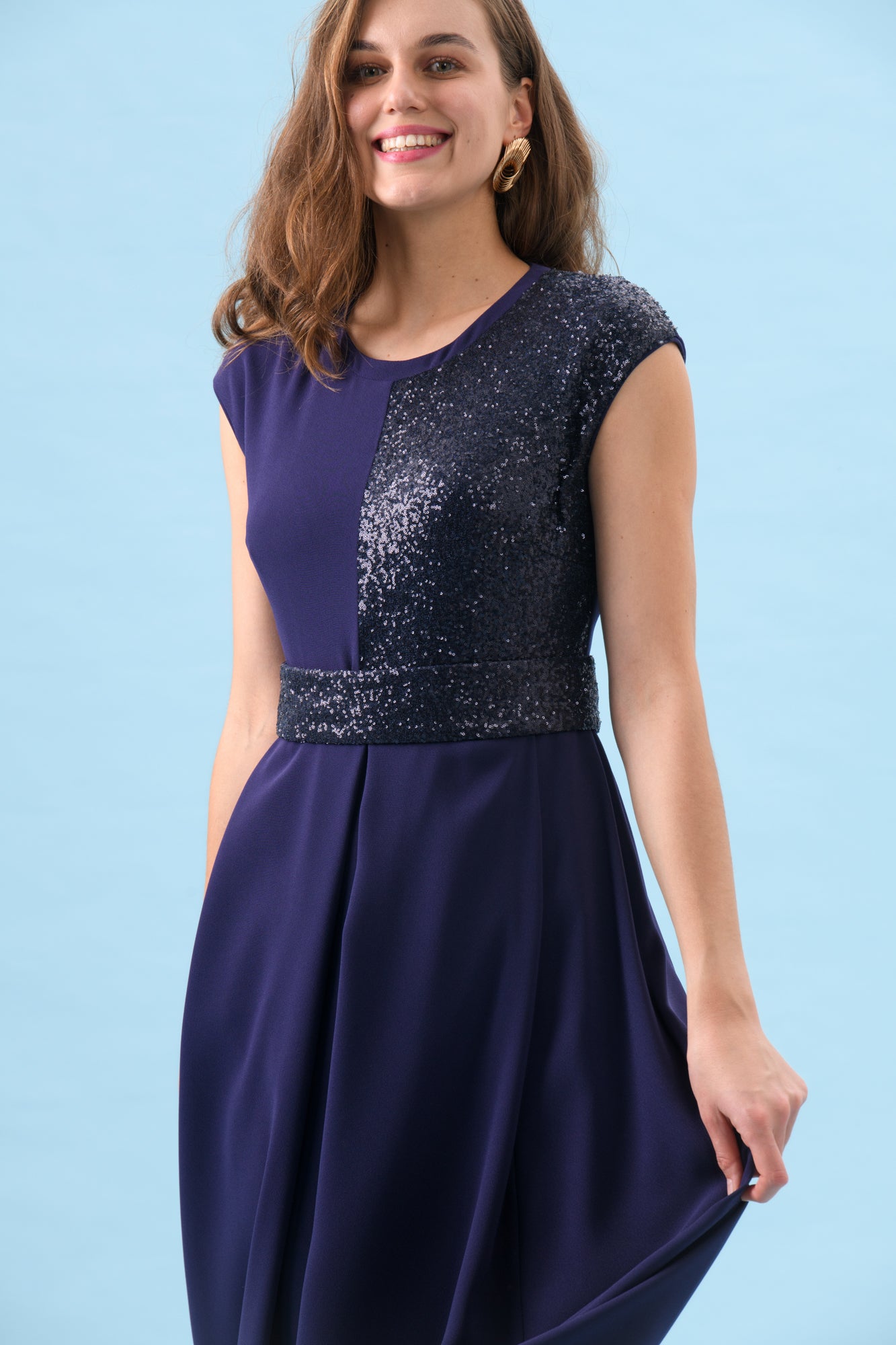 Sisters Feya ink blue occasion dress with sequin panel and full midi skirt