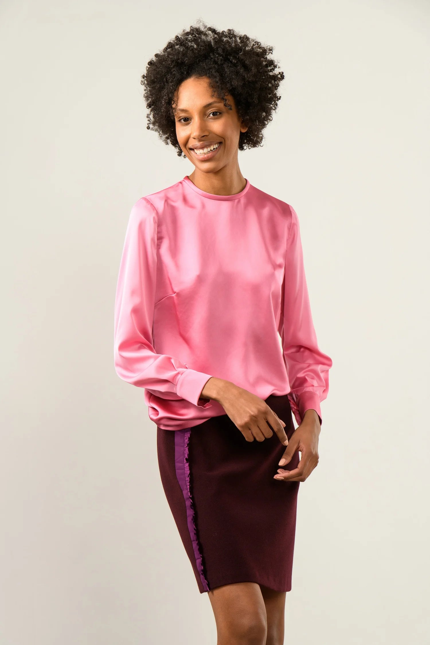 Sisters Havana mini skirt in rich wine tone with statement ruffle detail