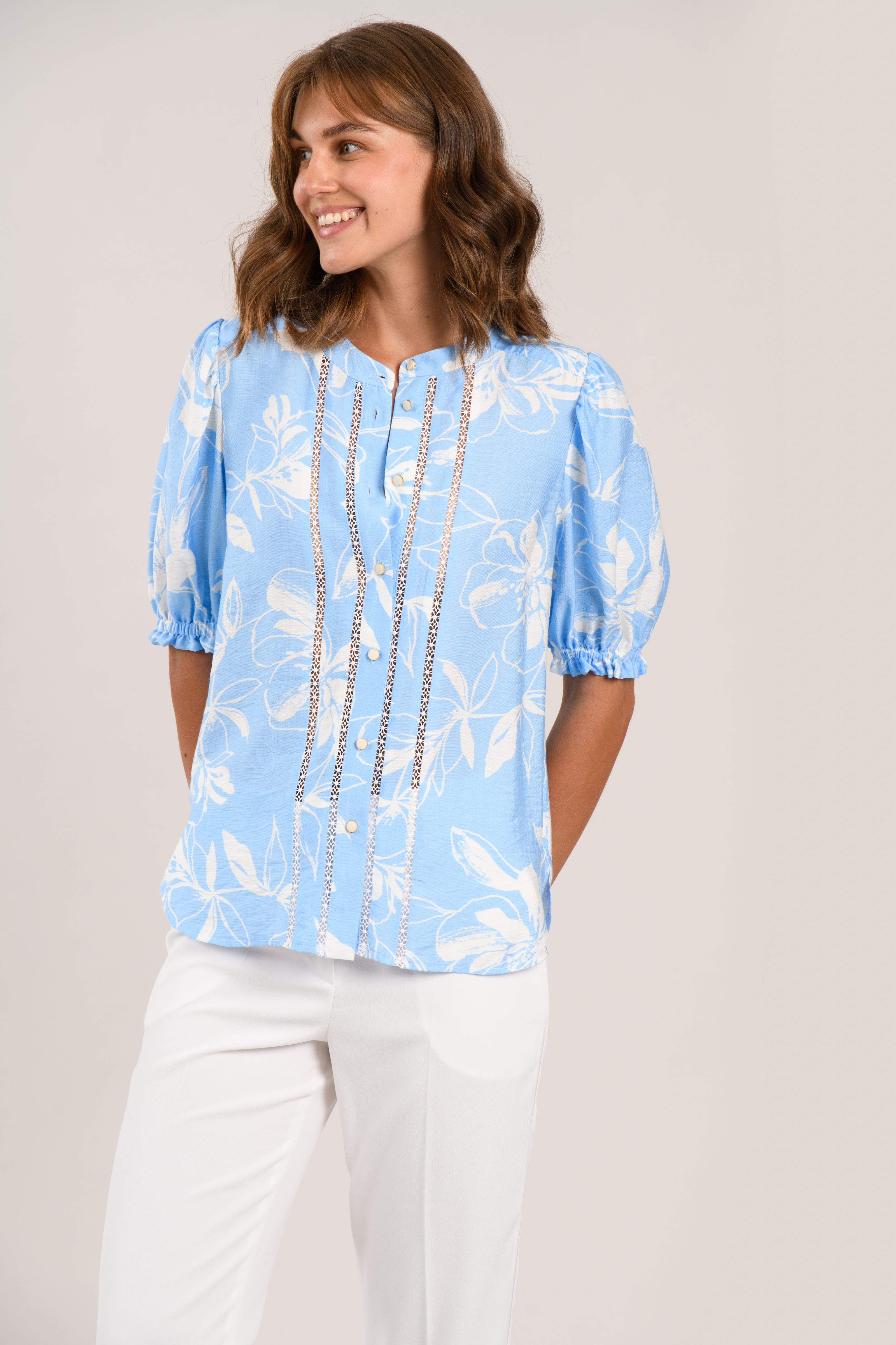 Sisters Jet sky blue floral blouse with button front and lace panels