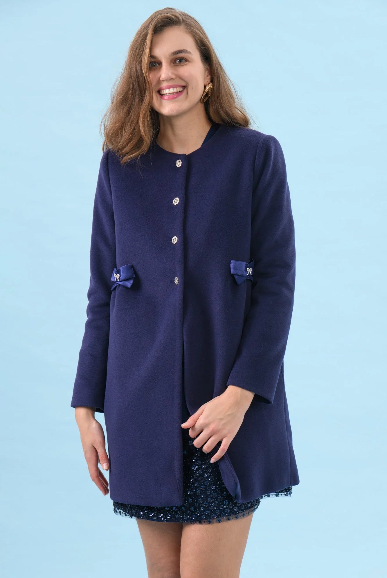 Sisters Olivia ink blue coat with crystal buttons