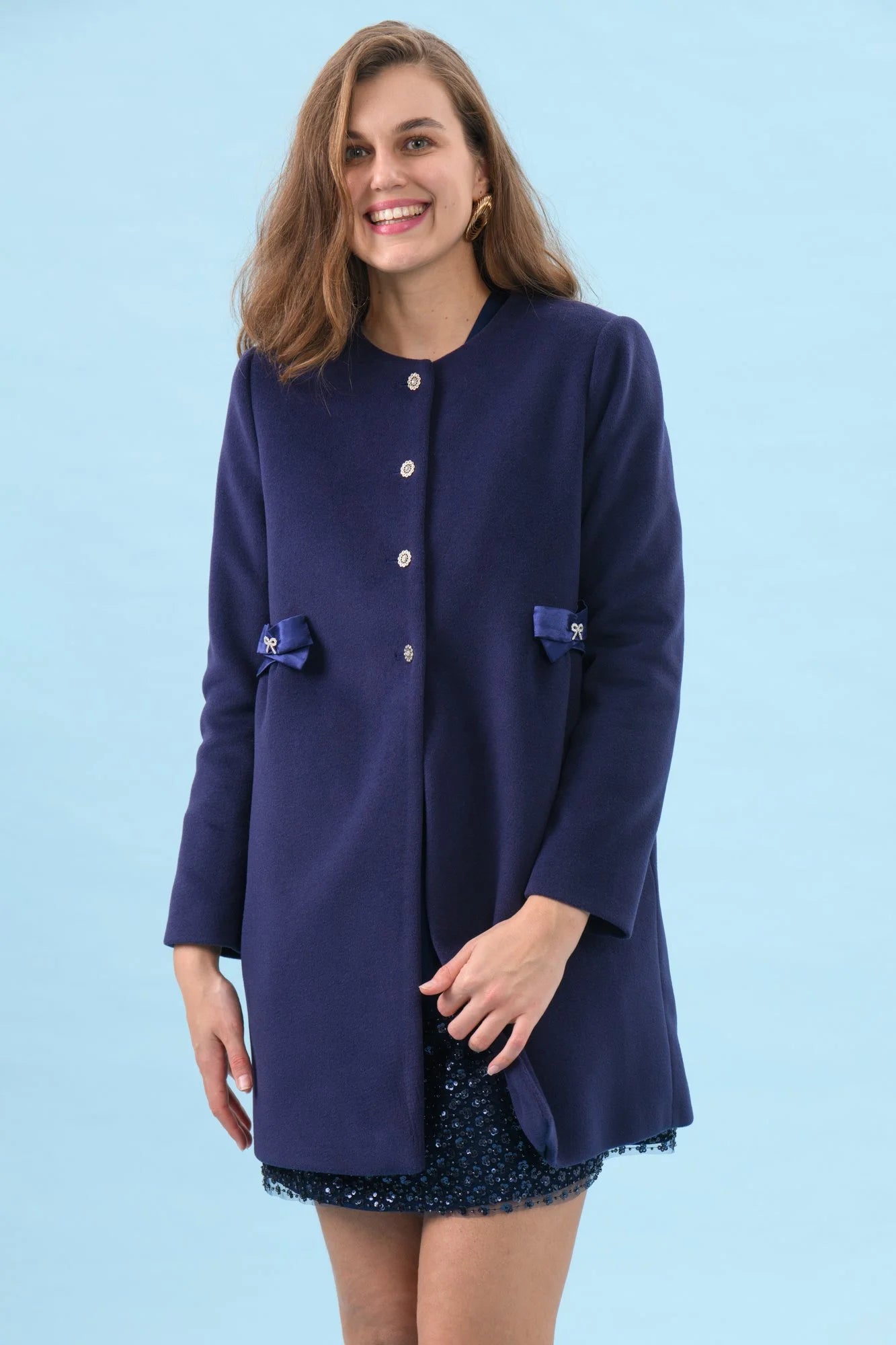 Sisters Olivia ink blue coat with crystal buttons