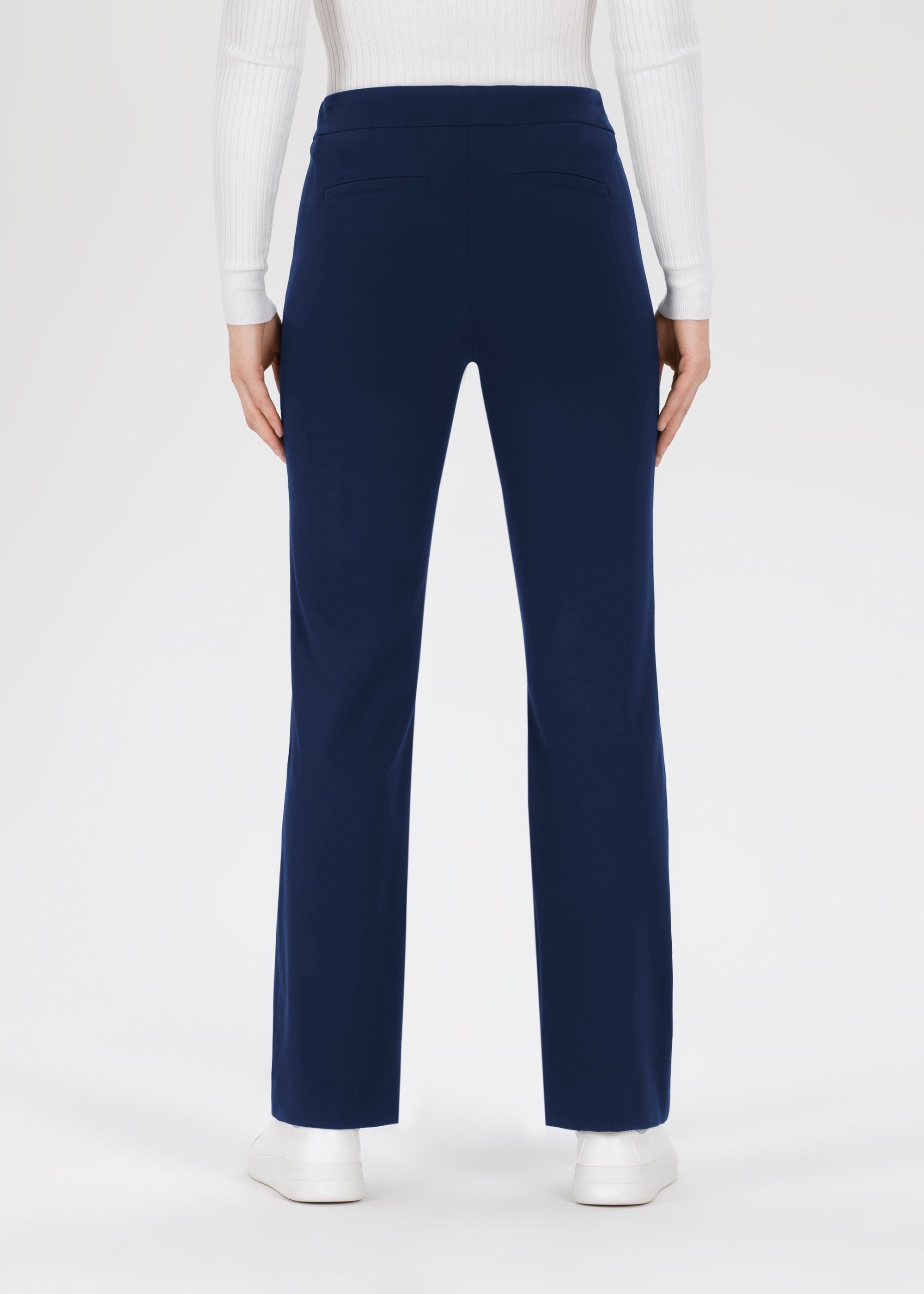 Back view of Stehmann Editta navy jersey trousers with welt pockets