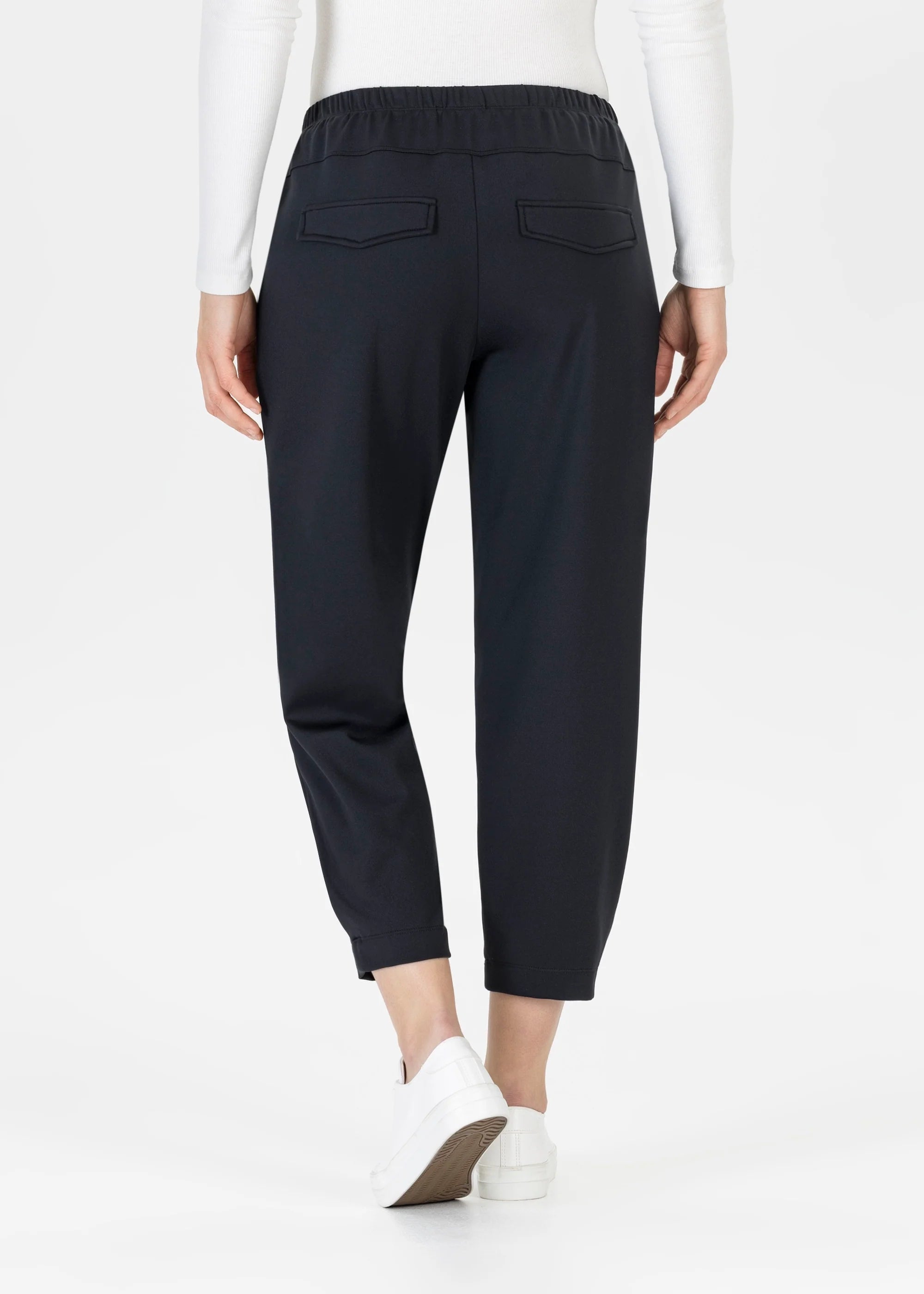 Rear view of Stehmann black stretch trousers with tapered leg