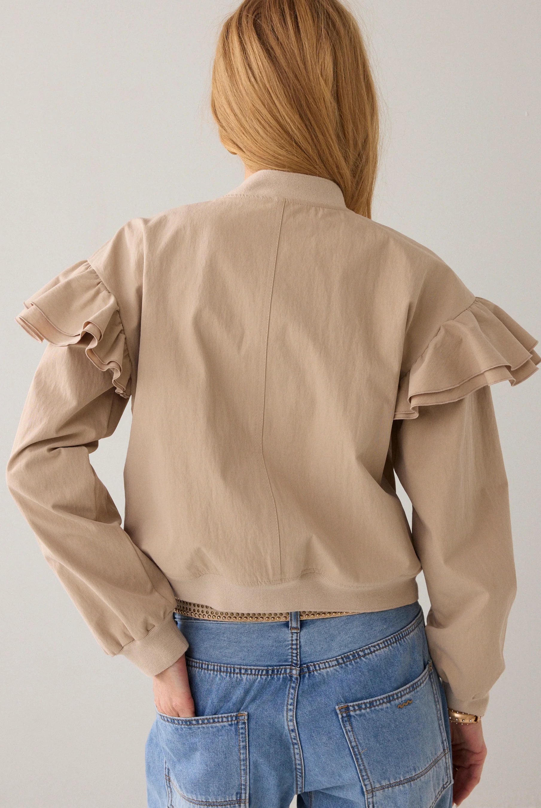 Summum frill shoulder bomber jacket back view showing shoulder detail